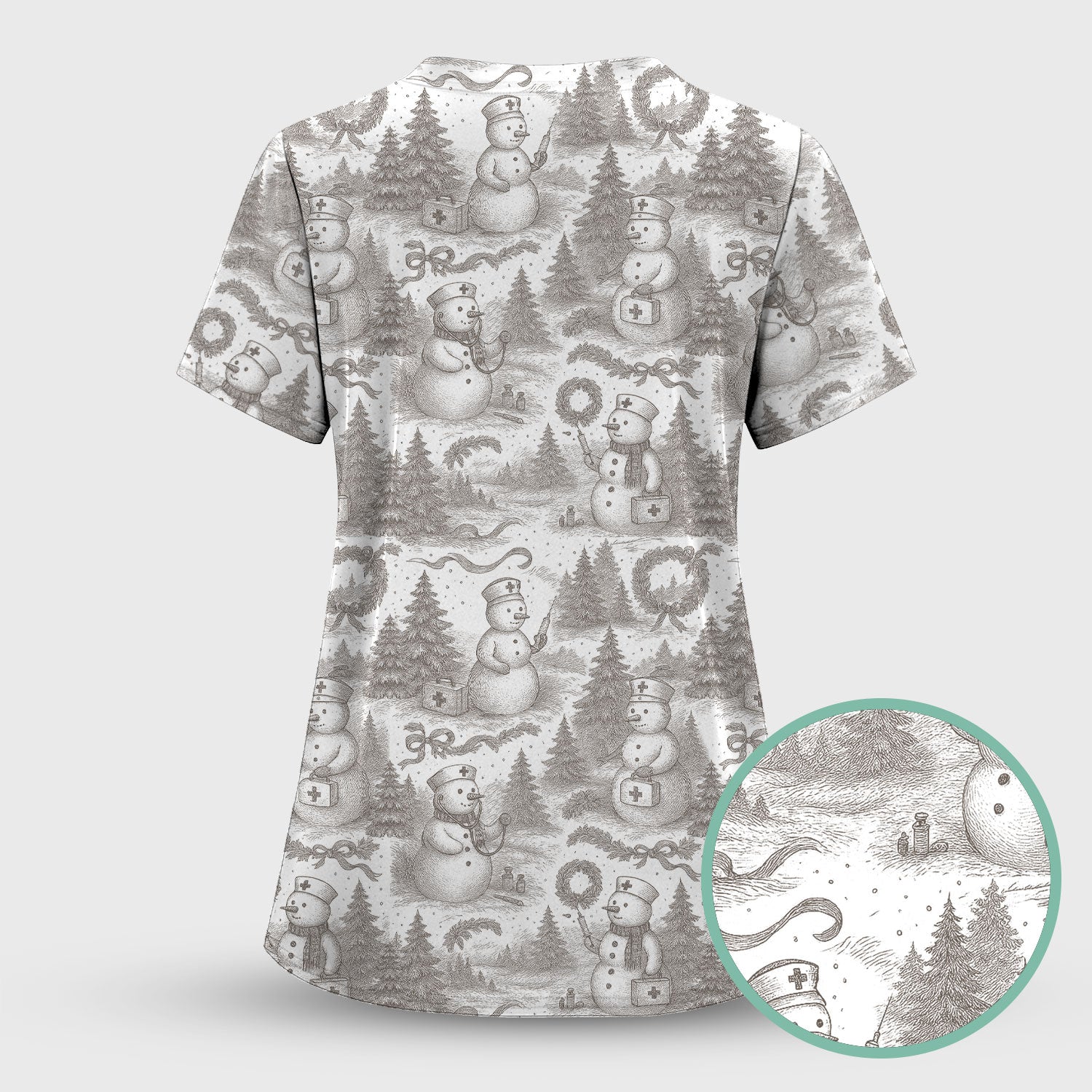 Toile de Jouy Christmas Scrubs Set – Elegant Snowman and Nurse Pattern – Classic Holiday Scrub Top and Pants for Women