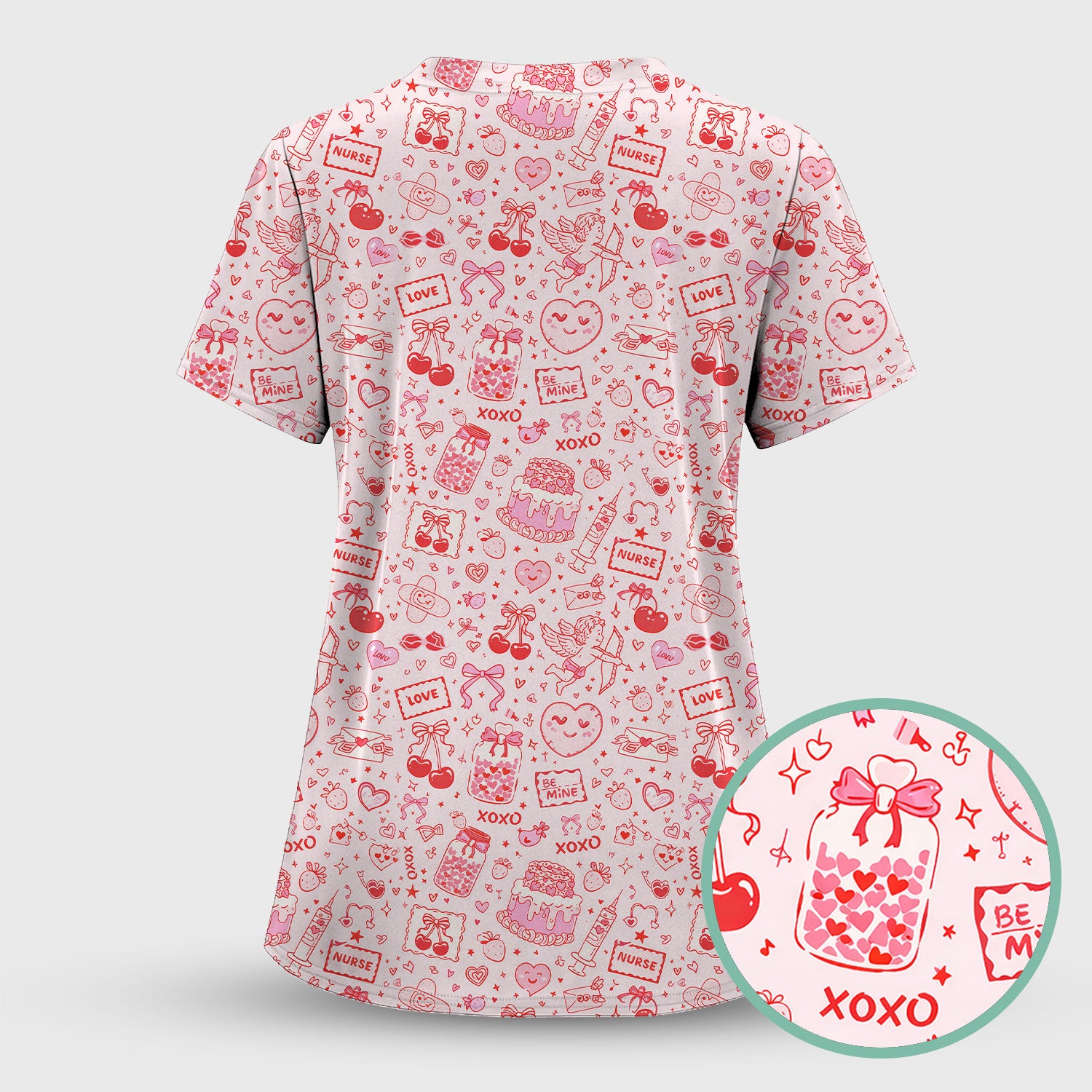 Valentine Pink XOXO Pattern Nurse Scrub Top, Comfortable Uniform Scrubs For Nursing
