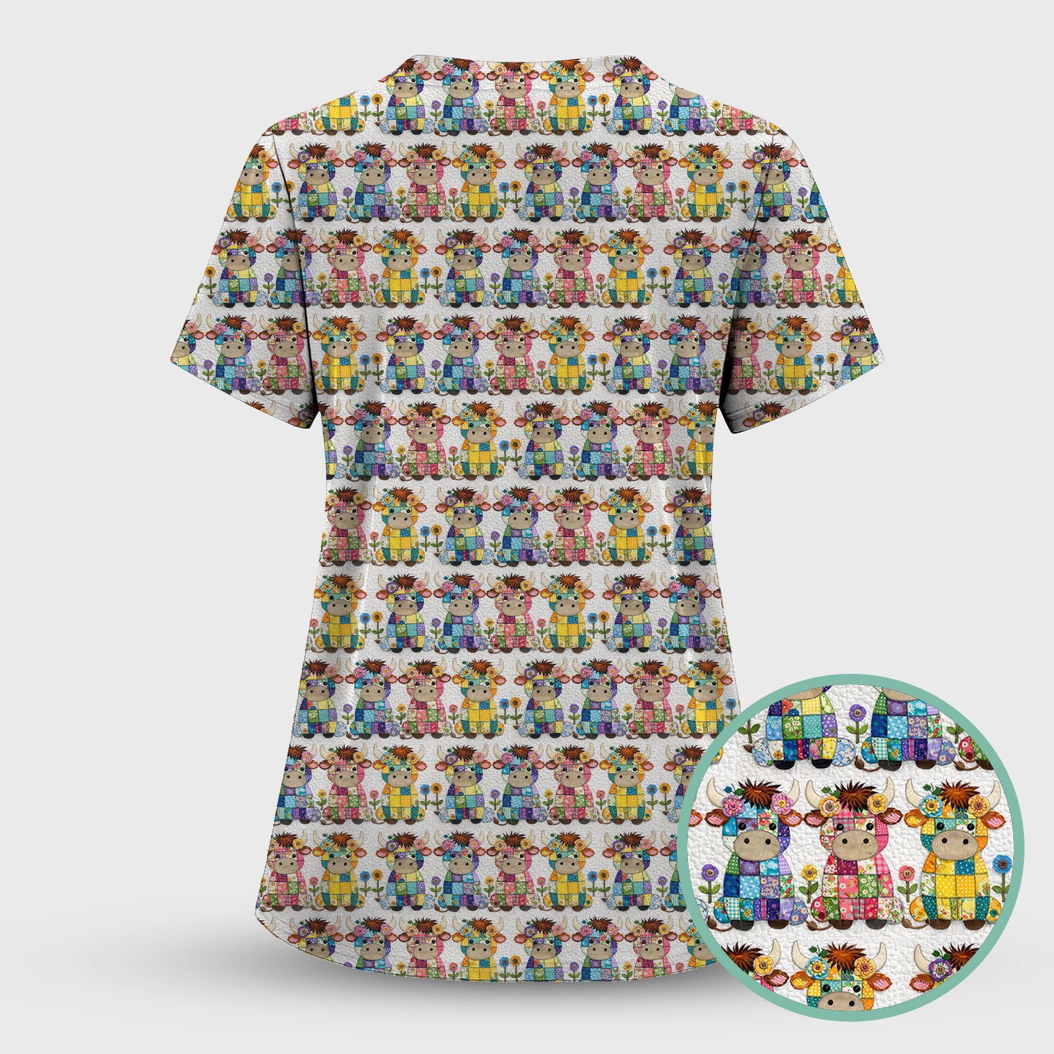 Cute Patchwork Cow With Flowers Pattern Scrubs Sets, Breathable Med Uniform