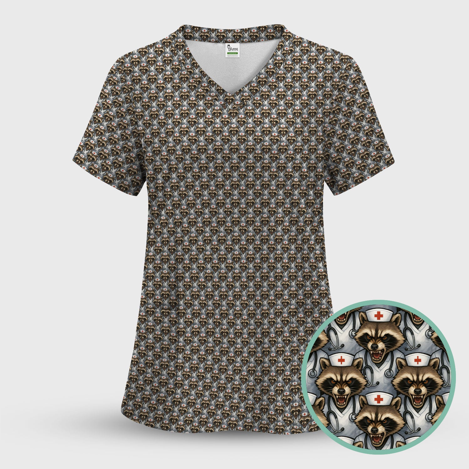 Quirky Raccoon Nurse Shirt - Repeating Angry Animal Pattern Graphic Tee - Gift for Women RN, LPN, CNA