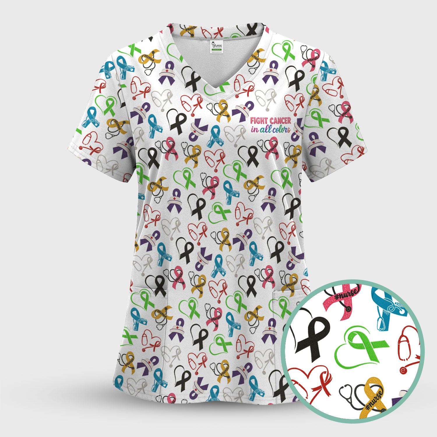 Cancer Awareness Scrub Top - Fight Cancer In All Colors Nurse Shirt - Colorful Ribbon Medical Scrubs Gift with Pockets for Women CNA RN Doctor