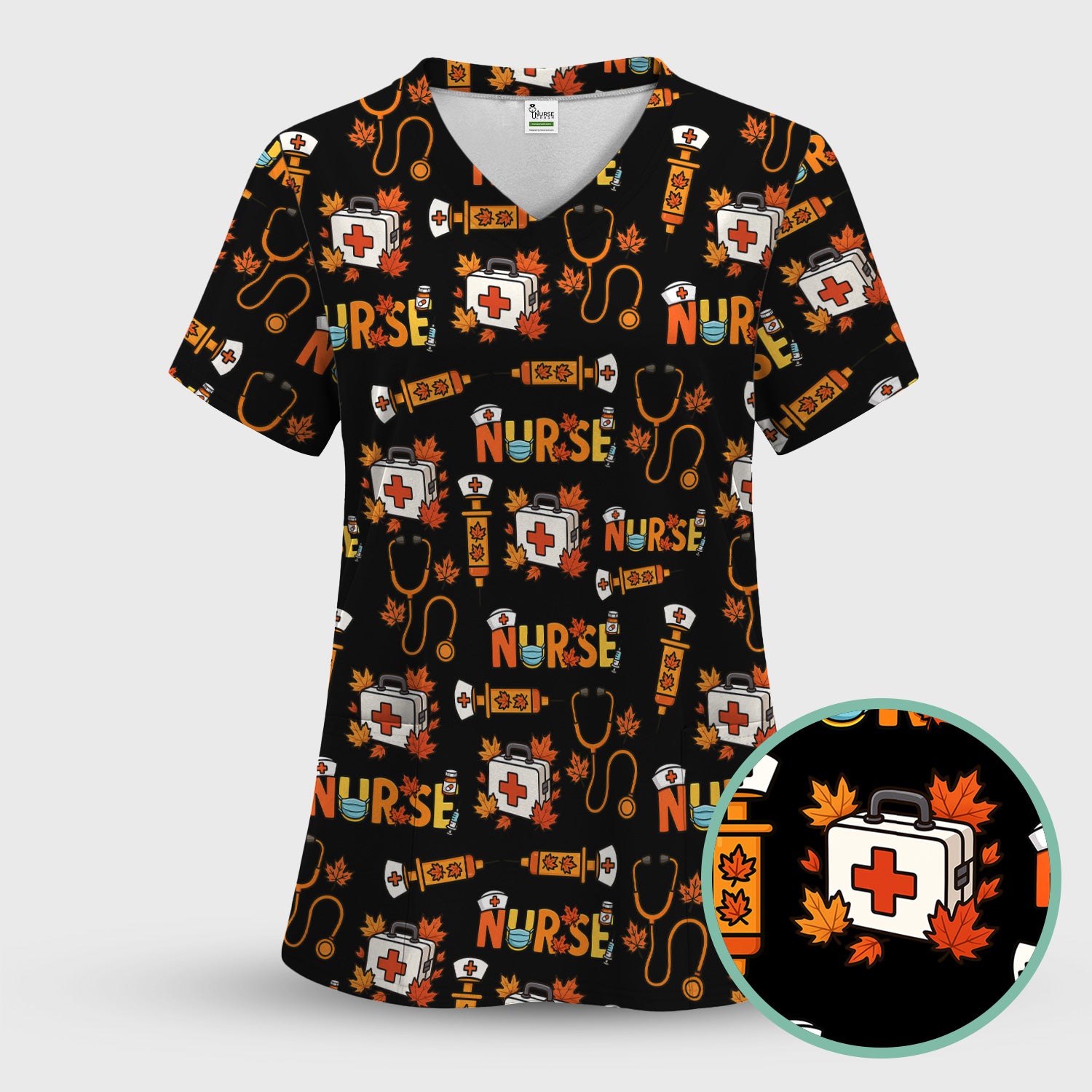 Autumn Nurse Scrub Top Multi Color - Fall Themed Nursing Shirt with Pockets - Cute Maple Leaf Medical Scrubs for Women