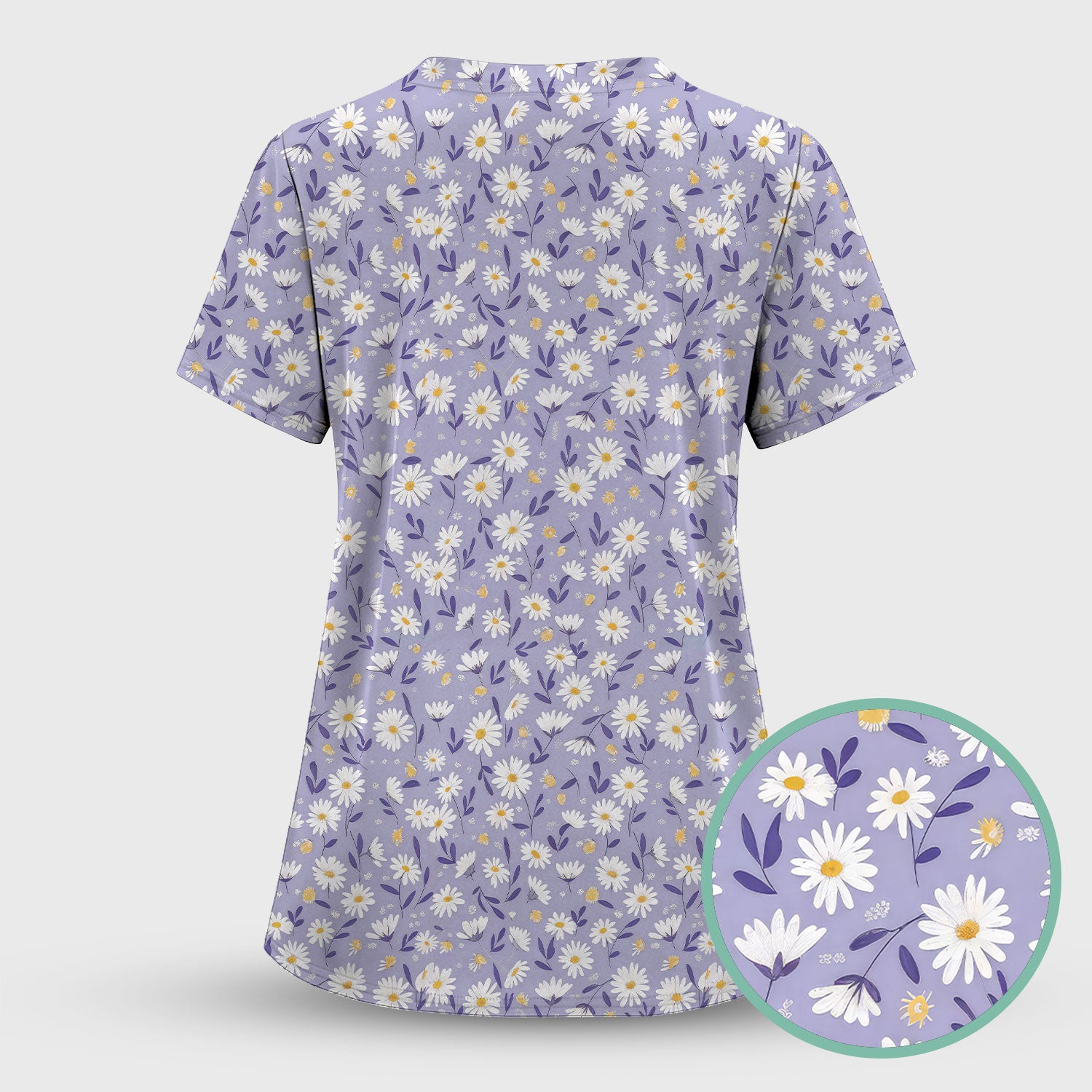 Cute Purple Daisy Botanical Print Scrub Top, Comfortable Scrubs For Nurses