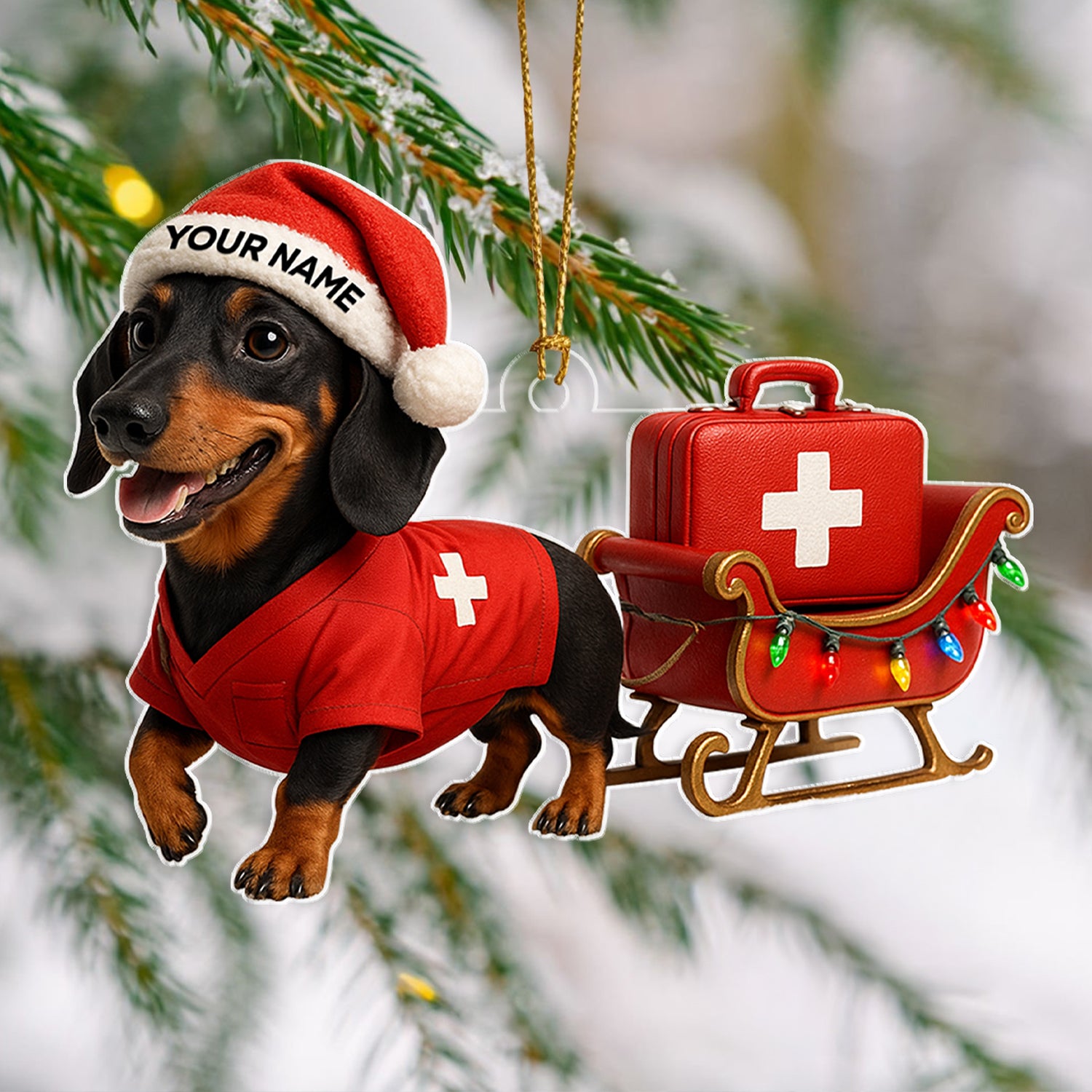 Personalized Nurse Dachshund Christmas Ornament, Custom Name Wiener Dog Ornament With Medical Sleigh, Funny Holiday Gift for Dog Lovers