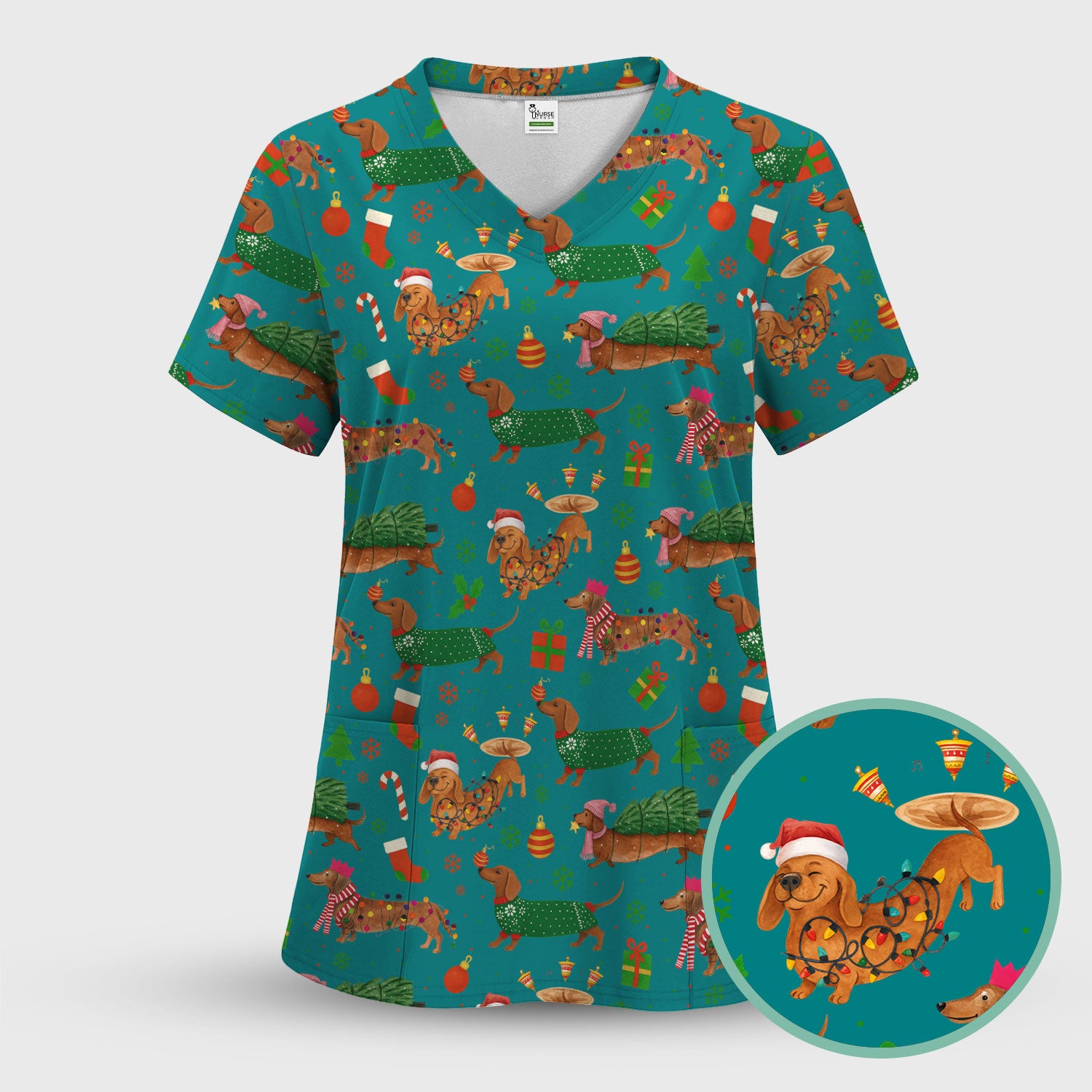 Christmas Dachshund Scrub Top - Funny Dog Scrub Shirt Multi Color - Holiday Medical Scrubs Gift for Nurse, CNA, RN, Doctor, Vet