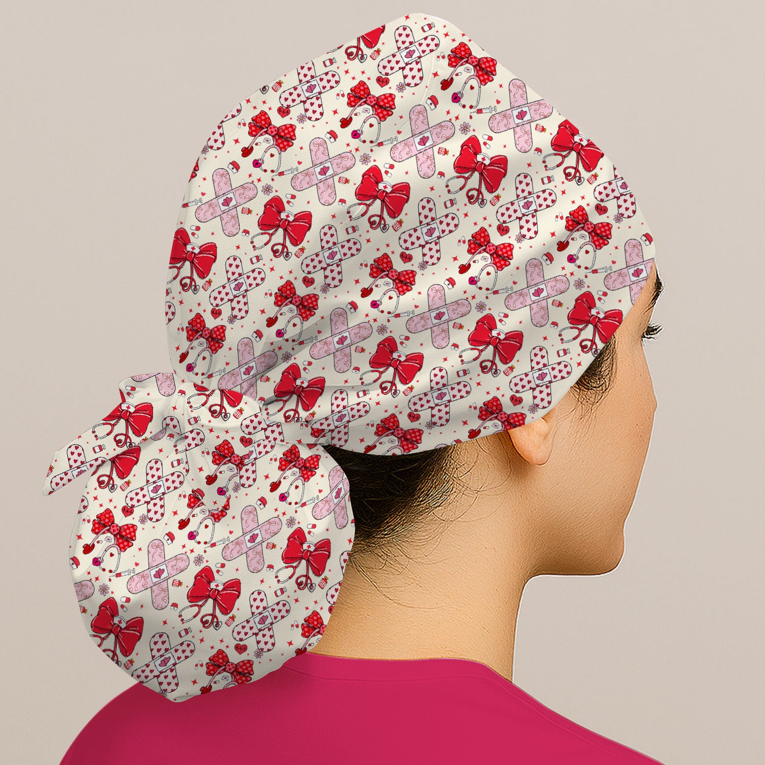 Valentine Nurse Scrub Cap, Red Bow And Heart Bandage Pattern Medical Hat, Breathable Fabrics Nursing Uniform