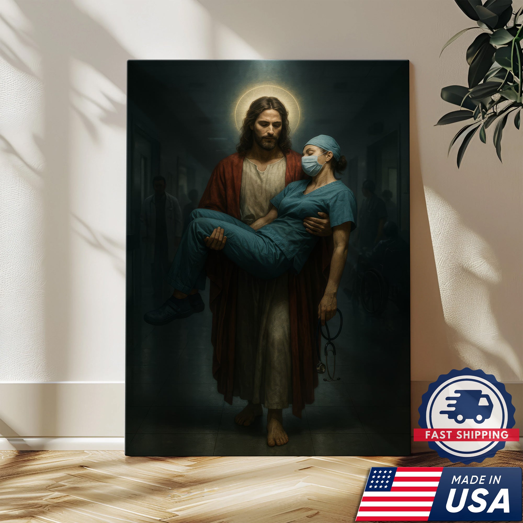 Jesus Carrying Nurse Canvas Wall Art, Christian Inspirational Gift, RN LPN CNA Gift