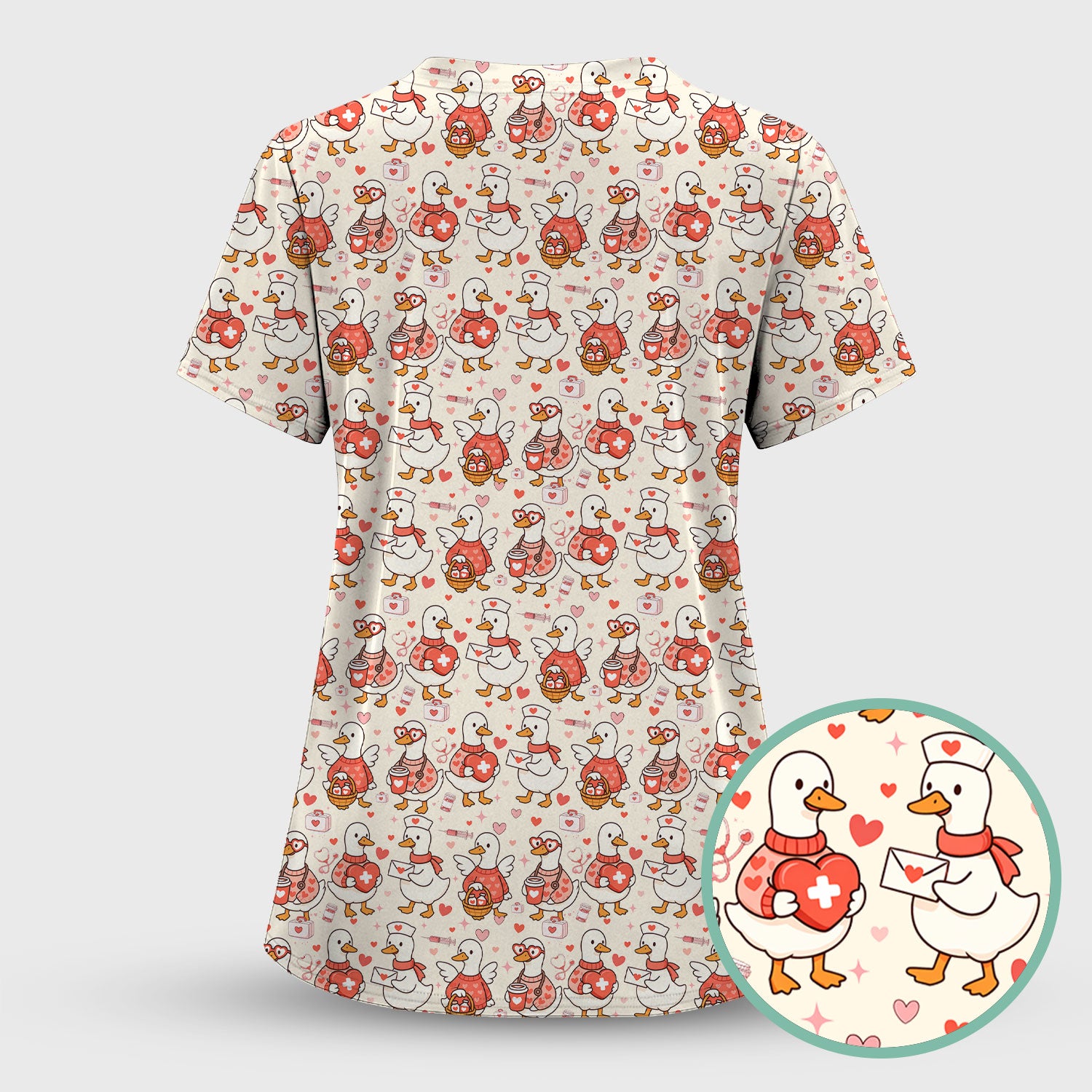 Valentine Goose Nurse Scrub Top, Heart Medical Pattern Nurse Shirt, Breathable Fabrics Nursing Uniform