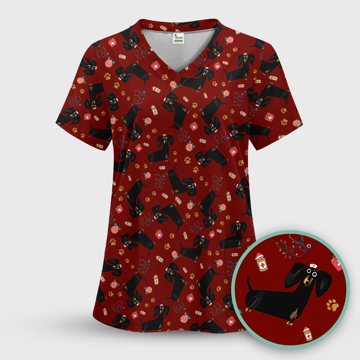 Funny Wiener Dog Scrub Top for Nurses - Cute Black Dachshund Medical Shirt - Dog Lover Nursing Uniform Gift for Women