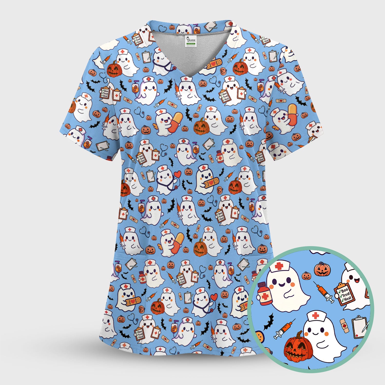 Halloween Women's Scrub Sets - Comfortable Scrubs for Nurses - Pumpkin Ghost Scrub Pants and V Neck Top - Breathable Med Uniform