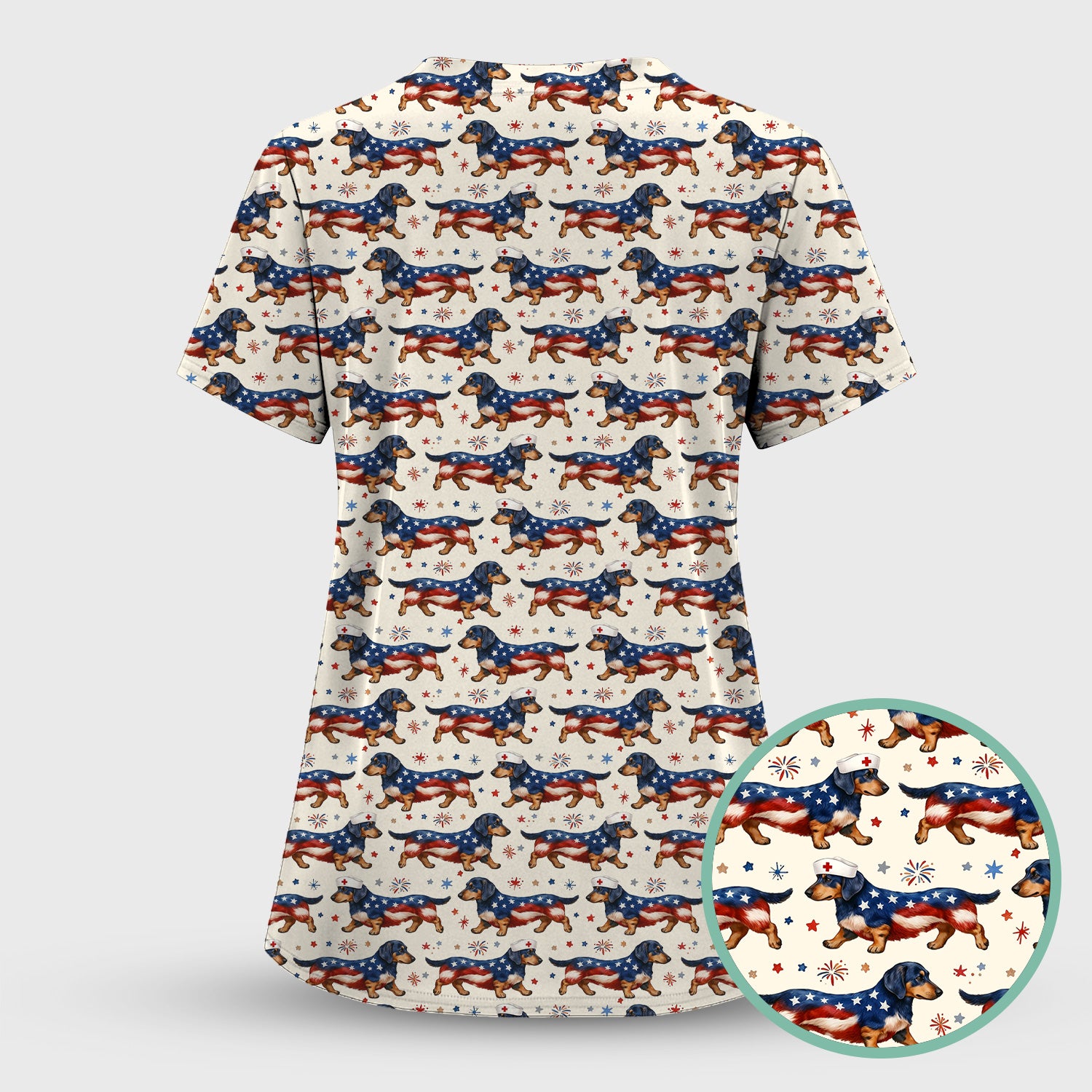 Patriotic Dachshund Dog American Flag Pattern Nurse Scrub Set, Scrub Pants and V Neck Top