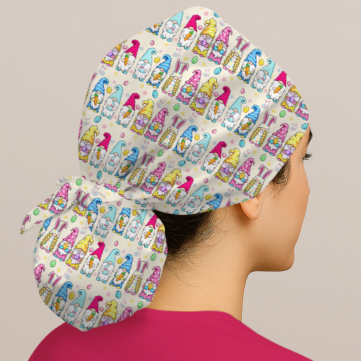 Colorful Easter Gnome Bunny Eggs Pattern Cap, Bouffant Scrub Caps for Women