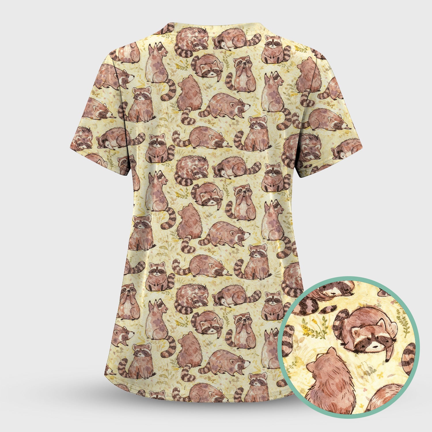 Cute Raccoon Woodland Pattern Scrub Set, Scrub Pants and V Neck Top
