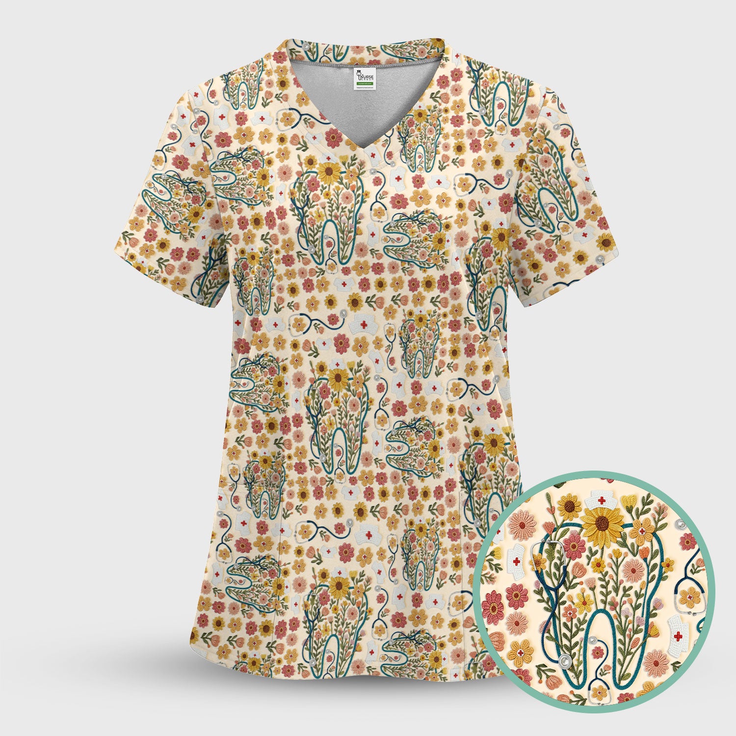 Boho Floral Tooth Scrub Top - Aesthetic Dental Scrubs for Women - Cute Flower Tooth Pattern Medical Uniform - Hygienist Christmas Gift
