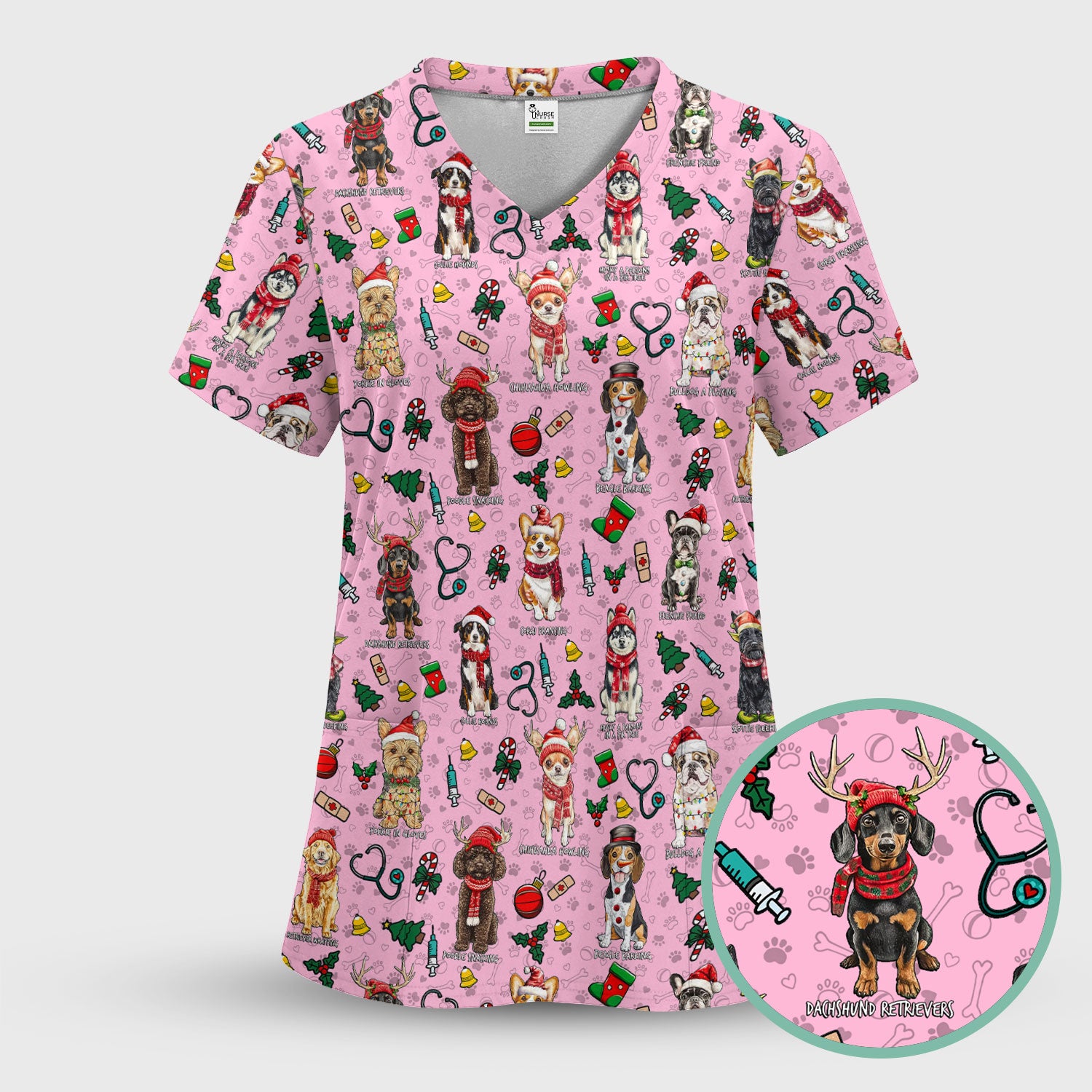 Christmas Dog Scrubs for Nurses – Dachshund, Husky, Poodle, Corgi & Labrador Holiday Scrub Top – Funny Santa Pattern Medical Shirt
