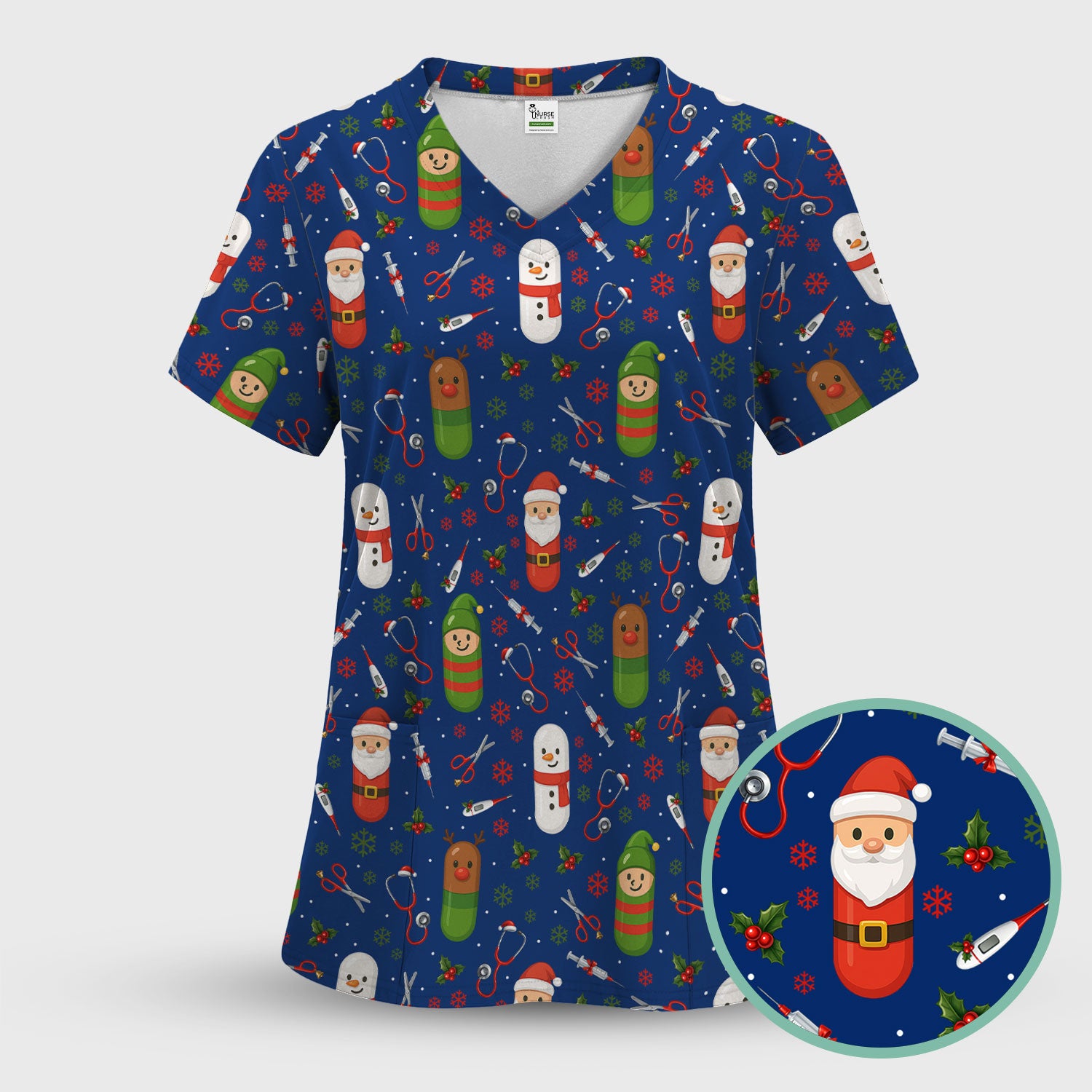 Santa Christmas Scrubs Set - Fun Holiday Pattern with Reindeer and Snowman - Cute Medical Scrub Top and Pants for Nurses