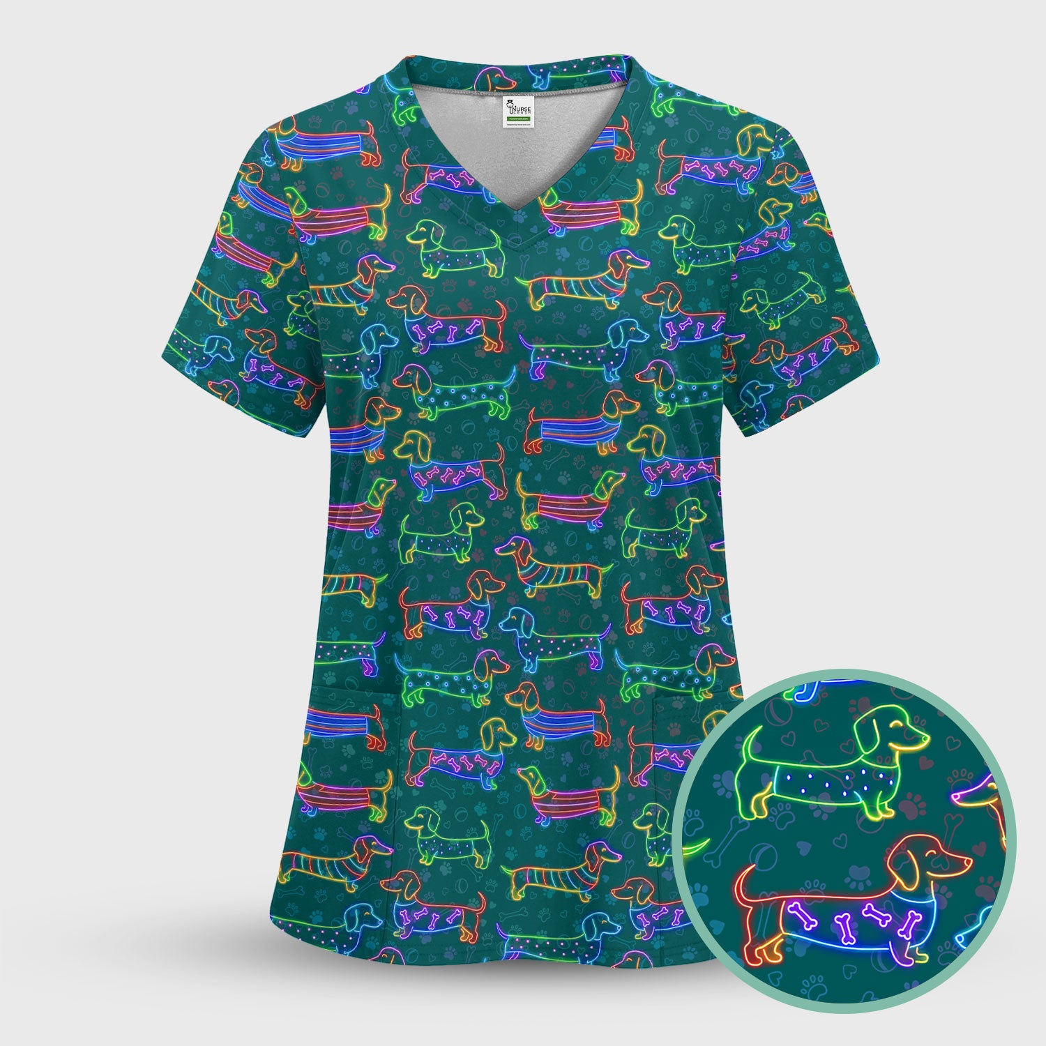 Cute Dachshund Scrub Top for Women – Neon Sausage Dog Nursing Shirt – Funny Colorful Wiener Dog Gift for RN CNA LPN