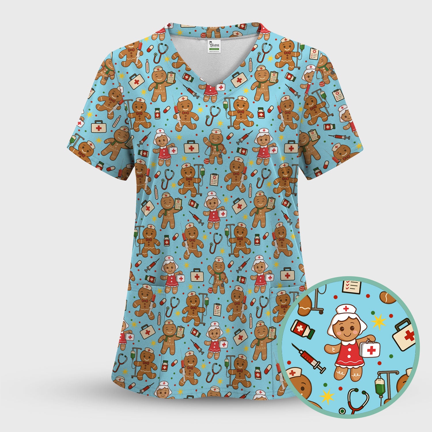 Cute Gingerbread Nurse Scrub Top - Funny Christmas Cookie Pattern - Holiday Nursing Shirt Gift for RN LPN CNA Women