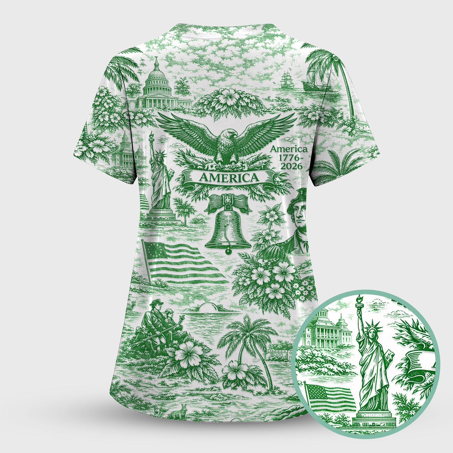 Patriotic America Heritage Toile Pattern Scrub Top, Breathable Fabrics Nursing Uniform