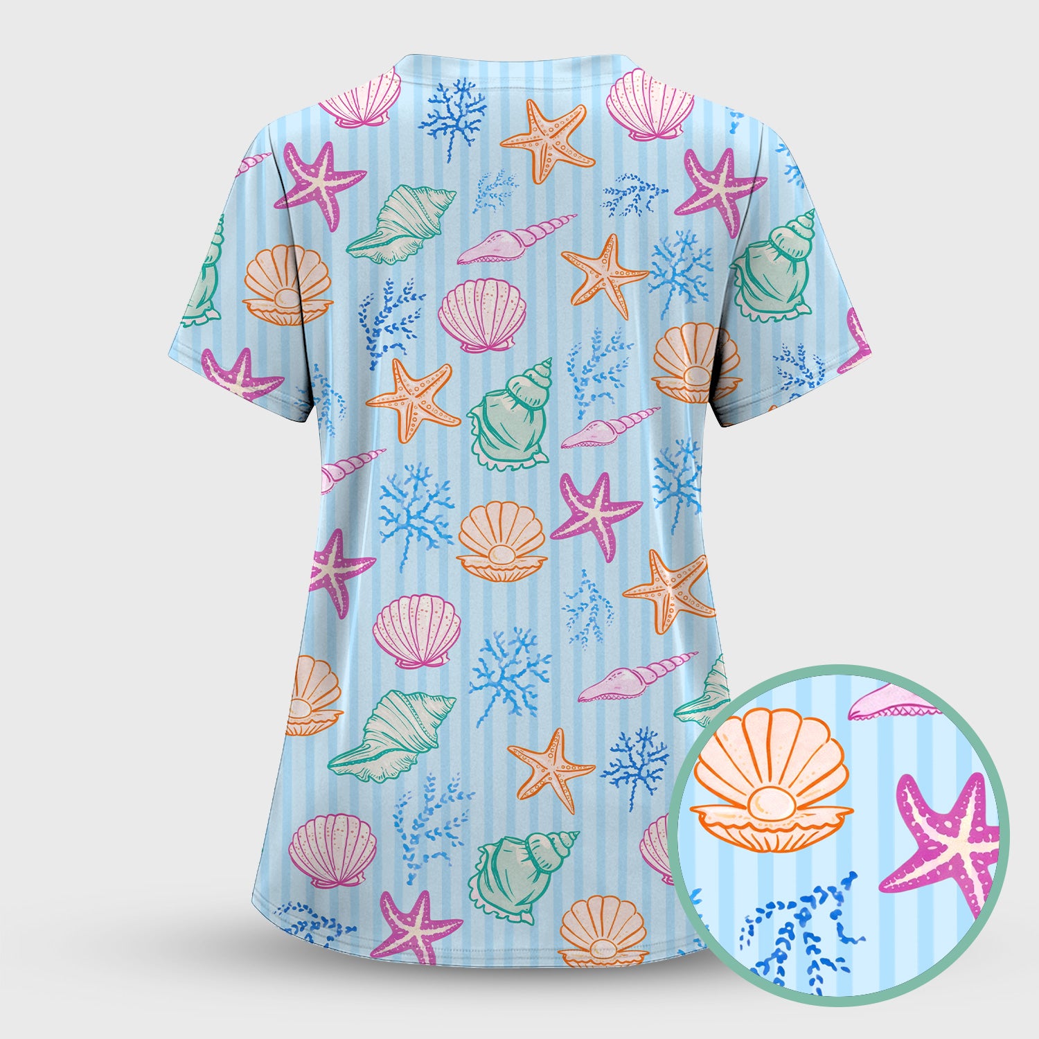 Colorful Seashell Starfish Ocean Stripe Pattern Scrub Top, Breathable Fabrics Nursing Uniform