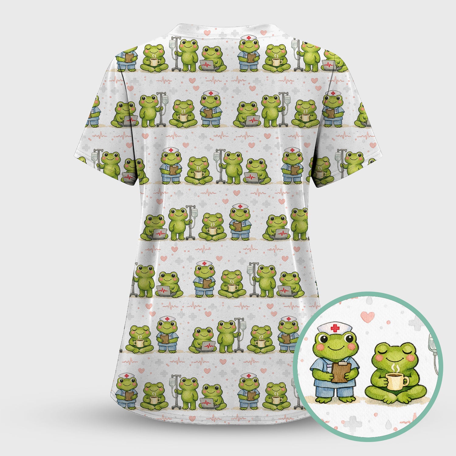 Adorable Frog Nurse Various Poses Print Scrub Top, Comfortable Scrubs for Nurses