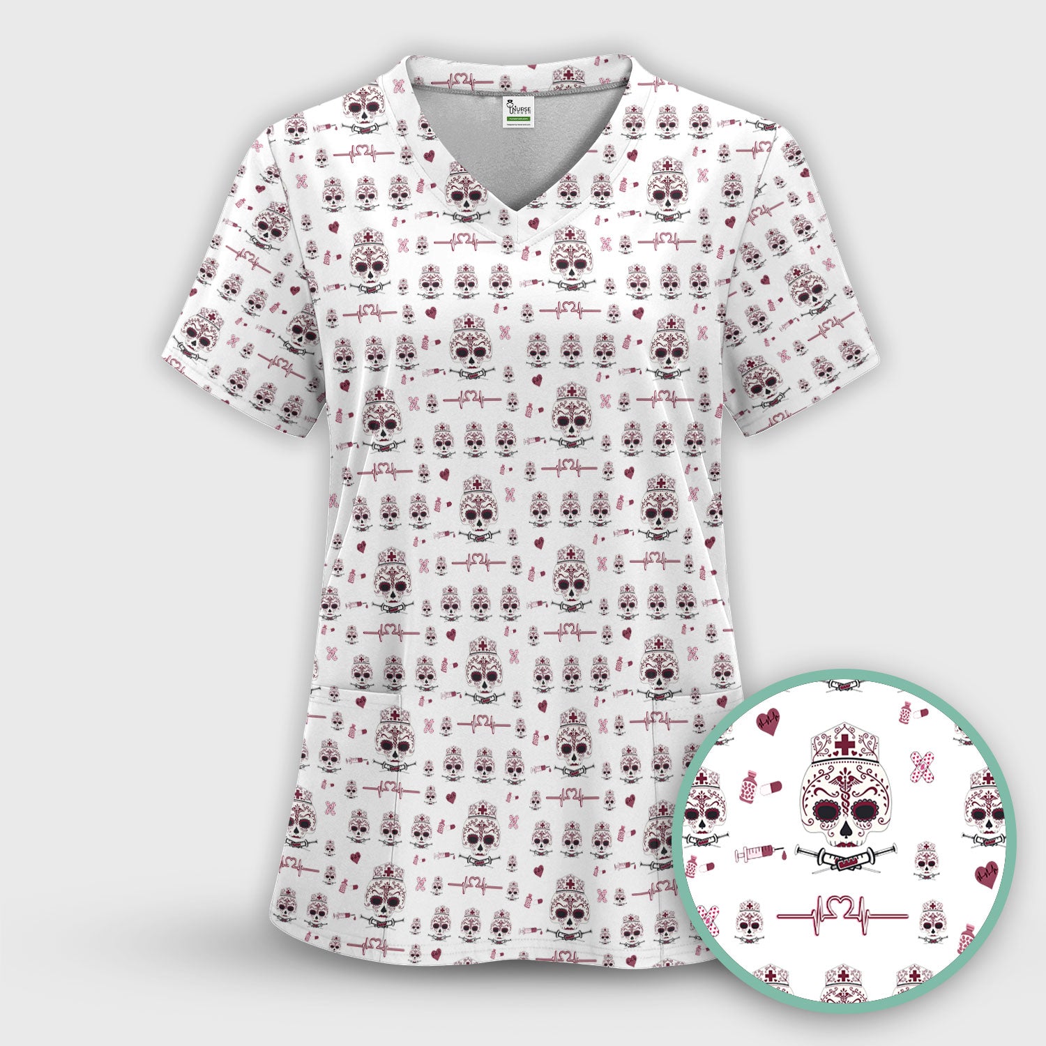 Sugar Skull Scrub Top, Skull Pattern Scrub Shirt, Breathable Fabrics Nursing Uniform