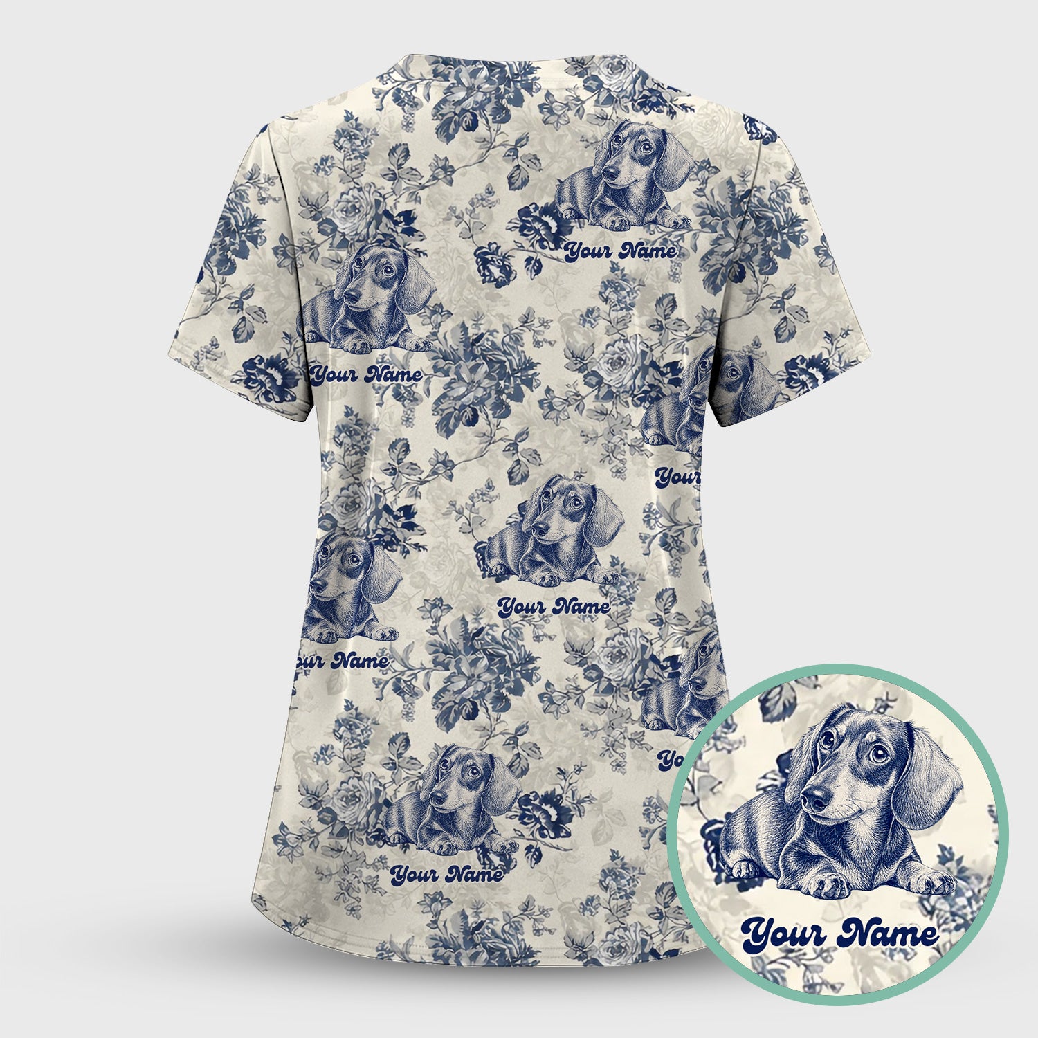Personalized Vintage Floral Dachshund Portrait Scrub Set, Scrub Pants and V Neck Top