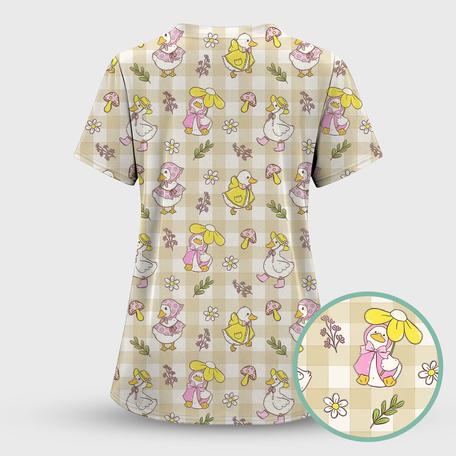 Cute Duck Outfit Gingham Pattern Scrub Top, Comfortable Scrubs for Nurses