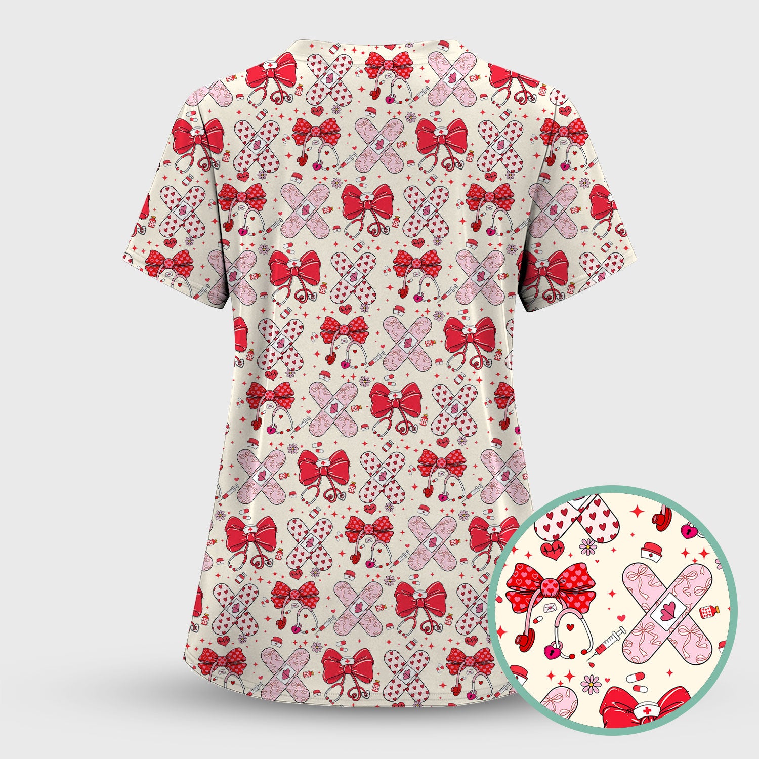 Valentine Nurse Scrub Top, Red Bow And Heart Bandage Pattern Medical Shirt, Breathable Fabrics Nursing Uniform