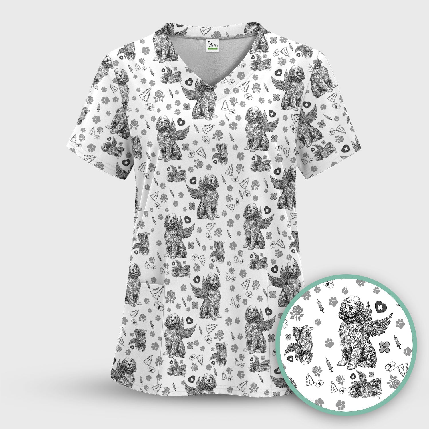 Toile De Jouy Scrubs for Nurses - Angel Puppy Medical Uniform - Floral Dog in Heaven Gift for Women, Vet Techs, RN CNA LPN