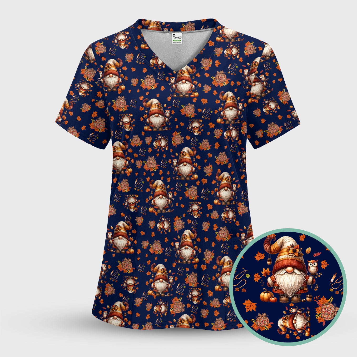 Fall Gnome Nurse Scrub Top for Women - Autumn Leaves Pumpkin Shirts - Thanksgiving Nursing Uniform Gift for RN LPN CNA