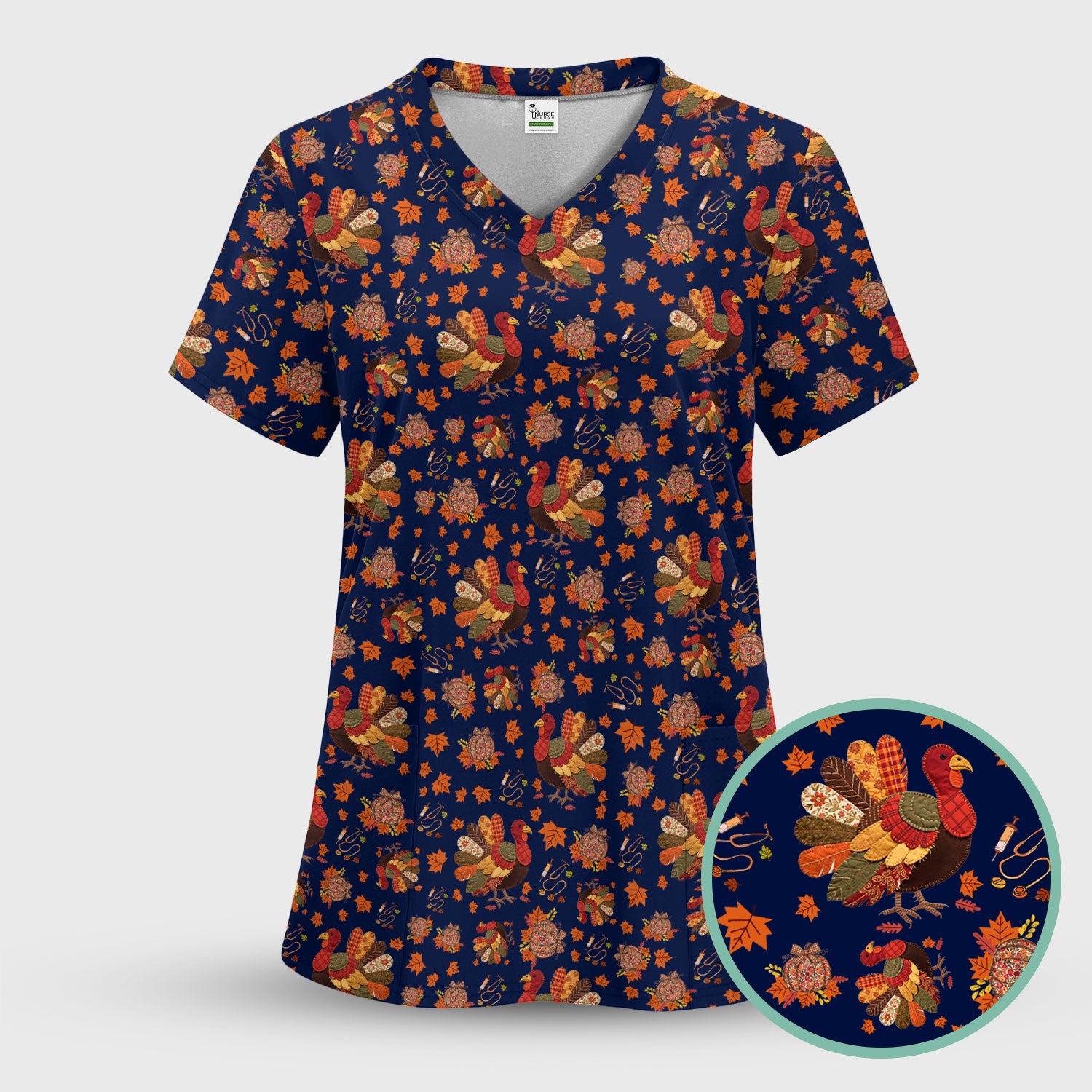 Thanksgiving Turkey Nurse Scrub Top for Women - Fall Leaves Pattern Shirts - Autumn Nursing Uniform Gift for RN LPN CNA