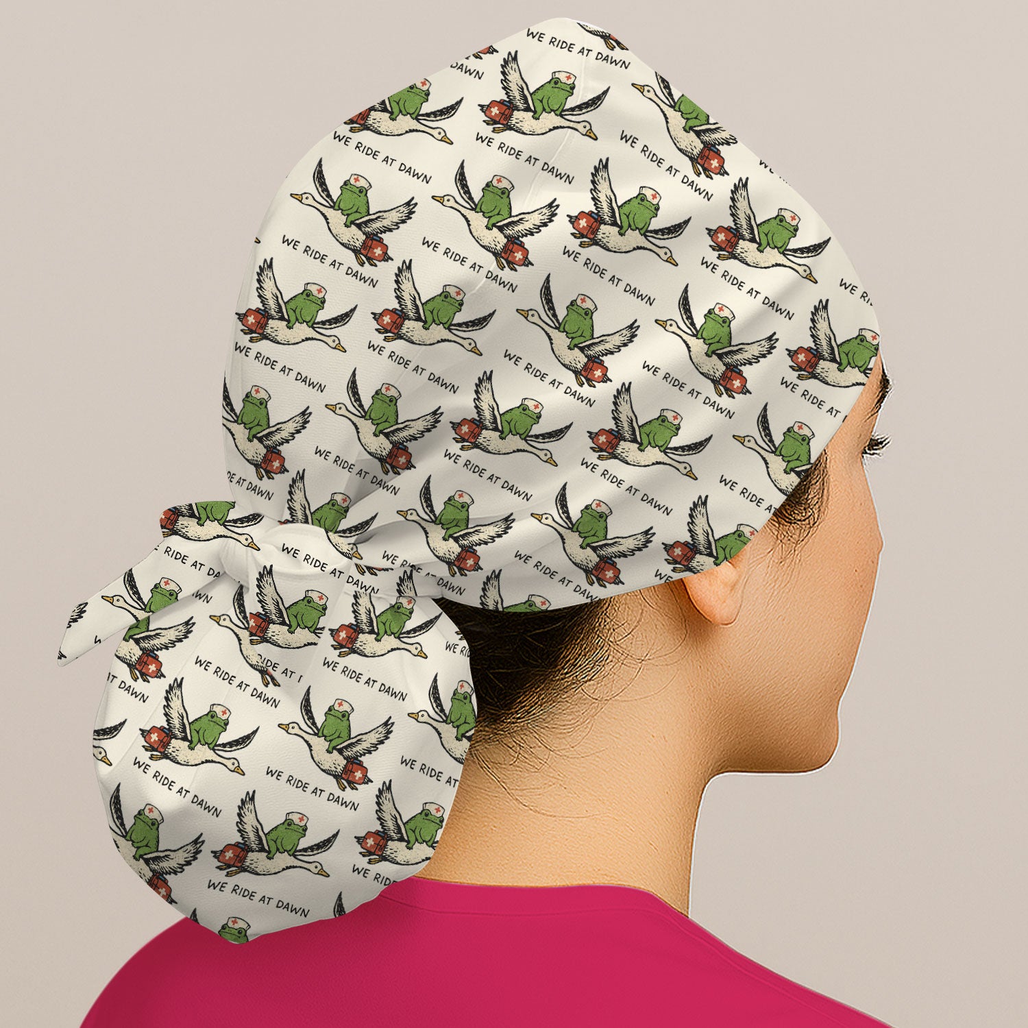 Funny Frog Riding Goose Nurse Pattern Cap, Bouffant Scrub Caps for Women