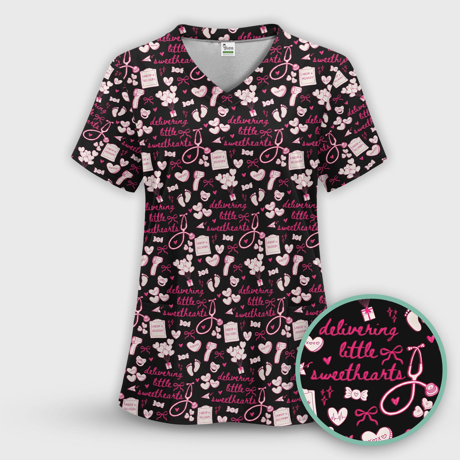Valentine Labor And Delivery Scrub Top, XOXO Pattern Scrub Shirt, Breathable Fabrics Nursing Uniform For Women