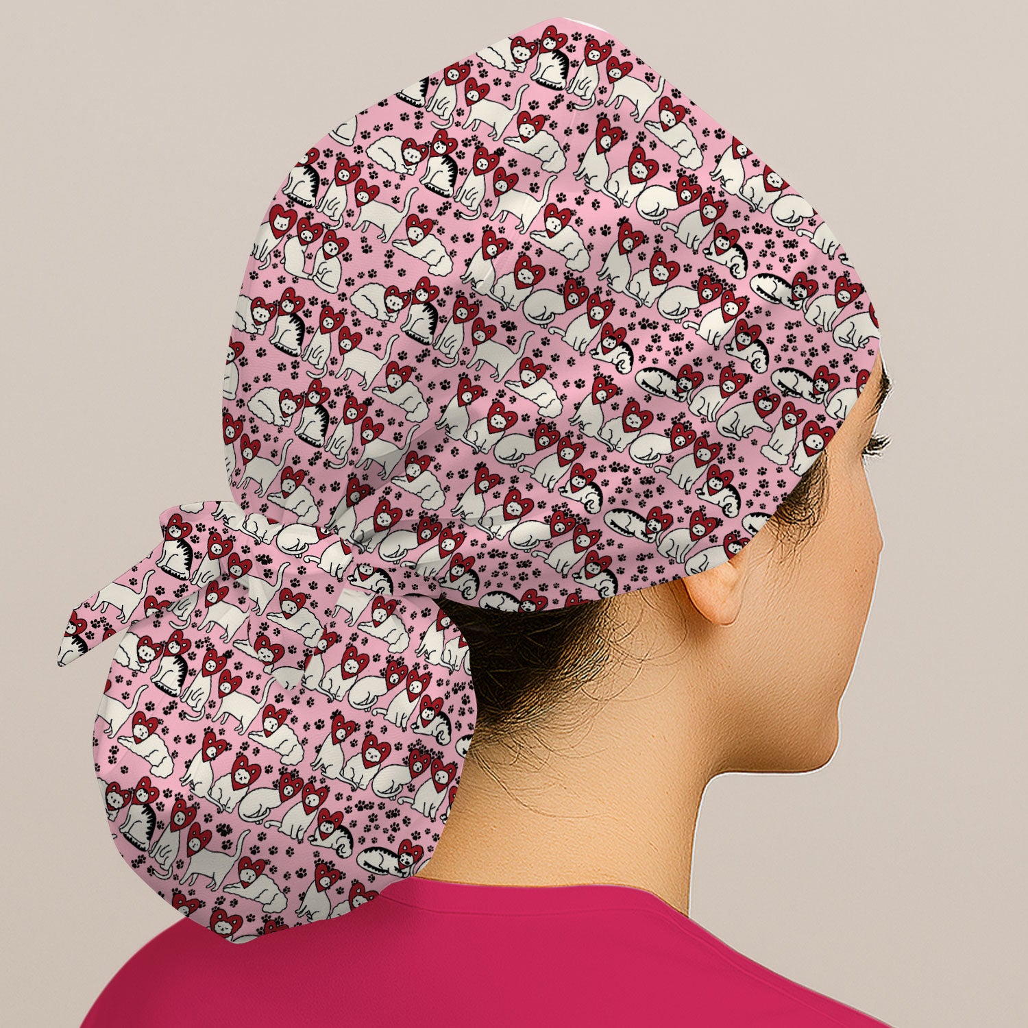 Cute Cat Heart Pattern Scrub Cap, Funny Cat Scrub Hat For Nurses, Breathable Fabrics Nursing Uniform
