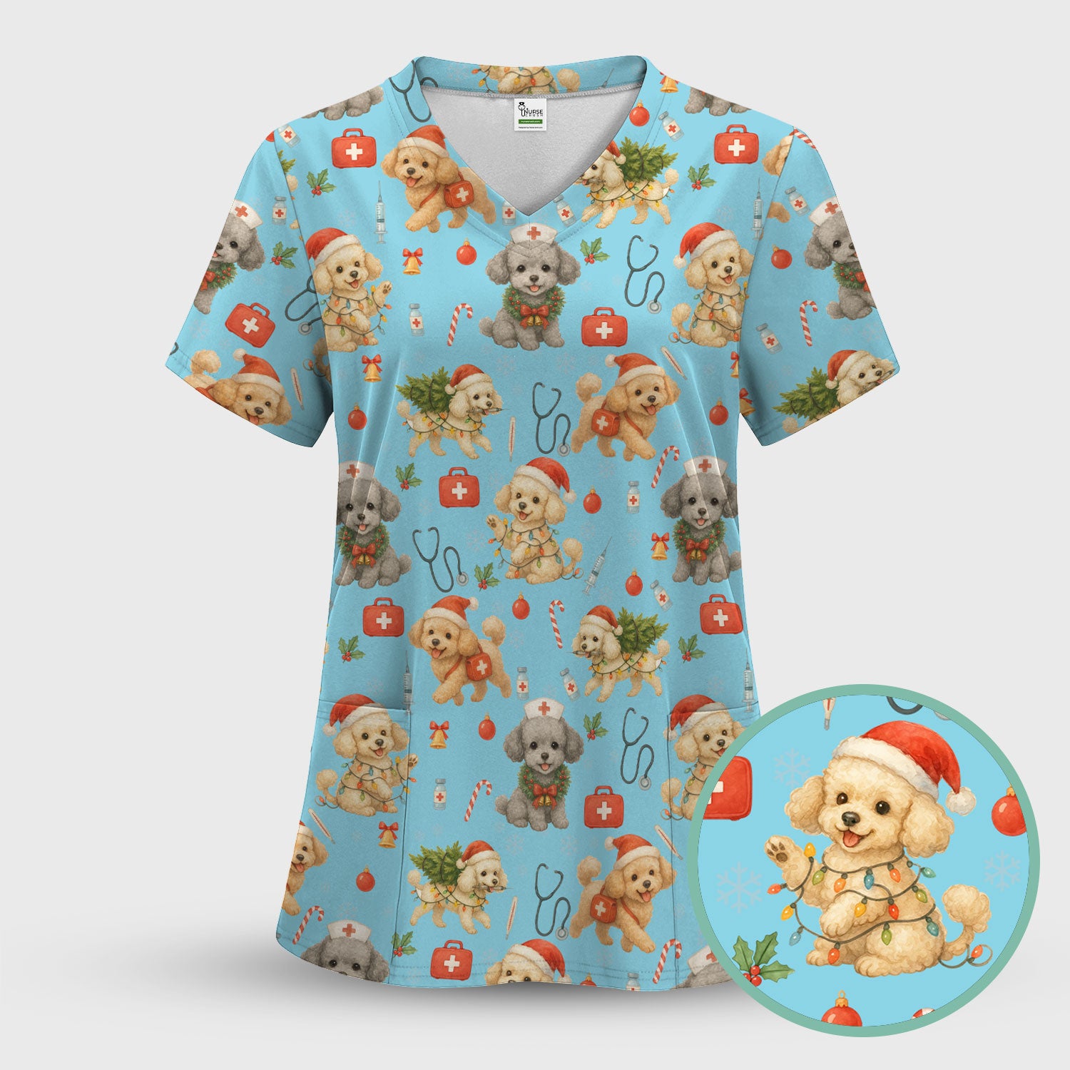 Christmas Puppy Scrub Top - Cute Dog Nurse Shirt with Santa Hat - Holiday Medical Scrubs Gift for Women CNA RN Doctor