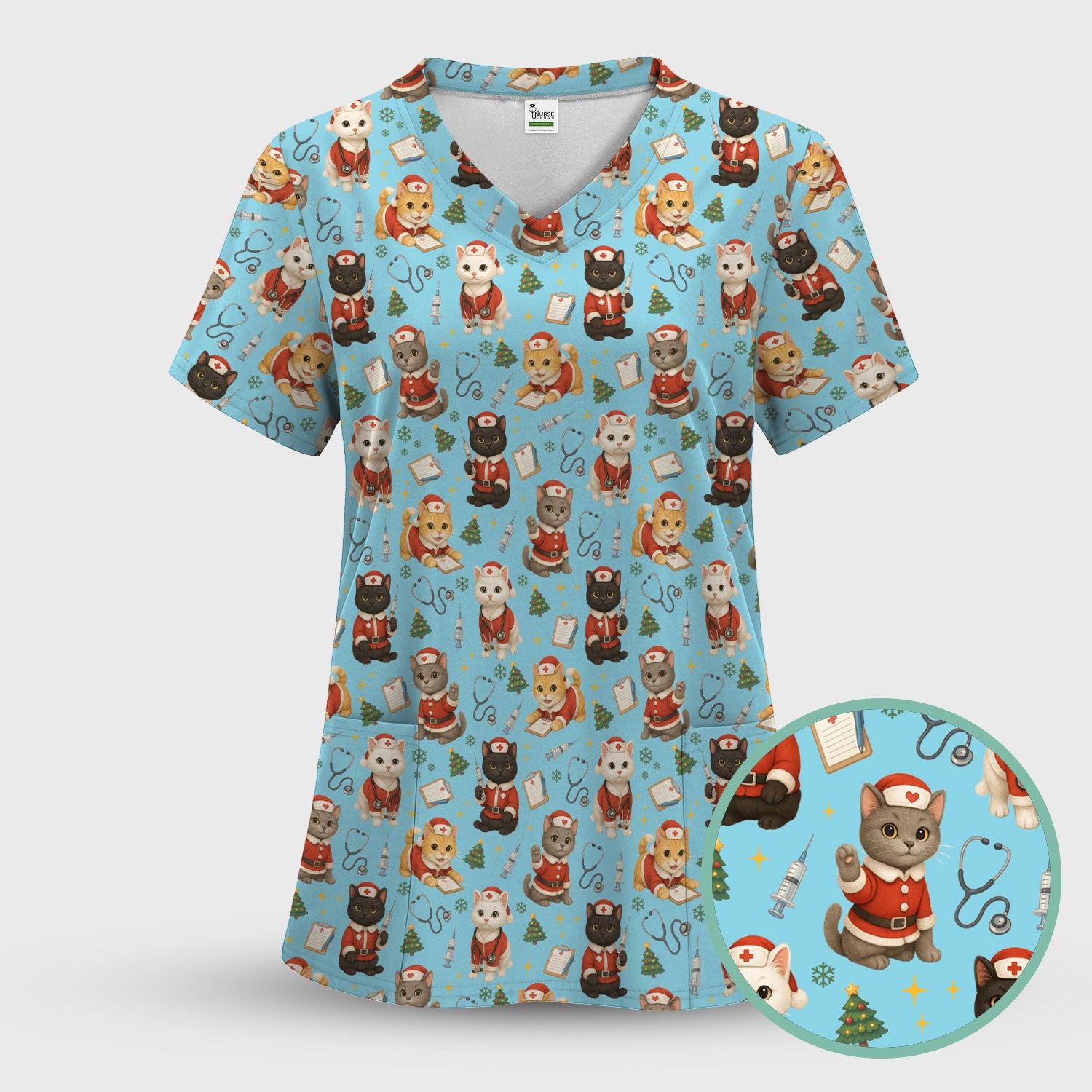 Christmas Nurse Scrub Top for Women - Cute Lucky Cat Pattern - Funny Holiday Nursing Shirt Gift for RN LPN CNA