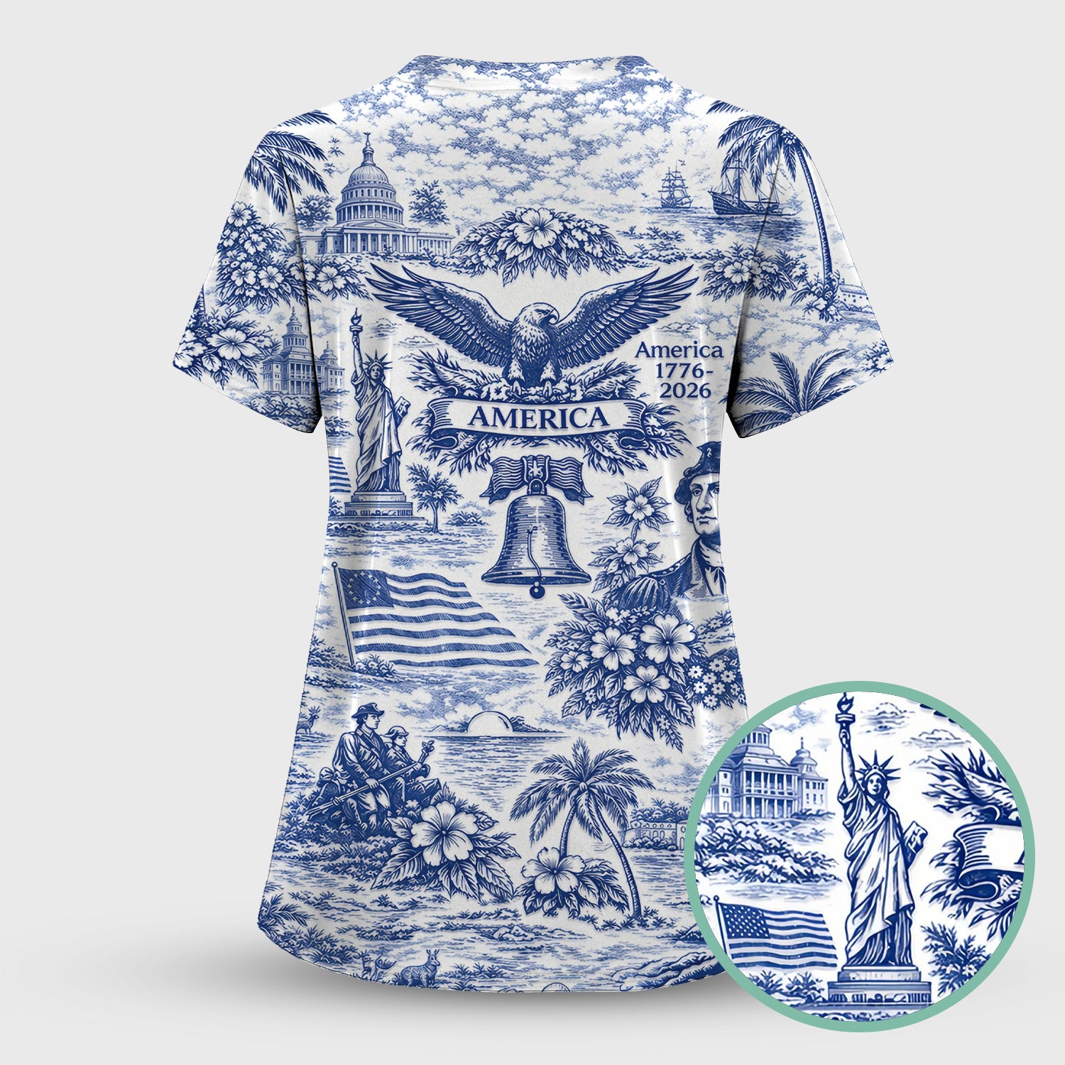 Patriotic America Heritage Toile Pattern Scrub Top, Breathable Fabrics Nursing Uniform
