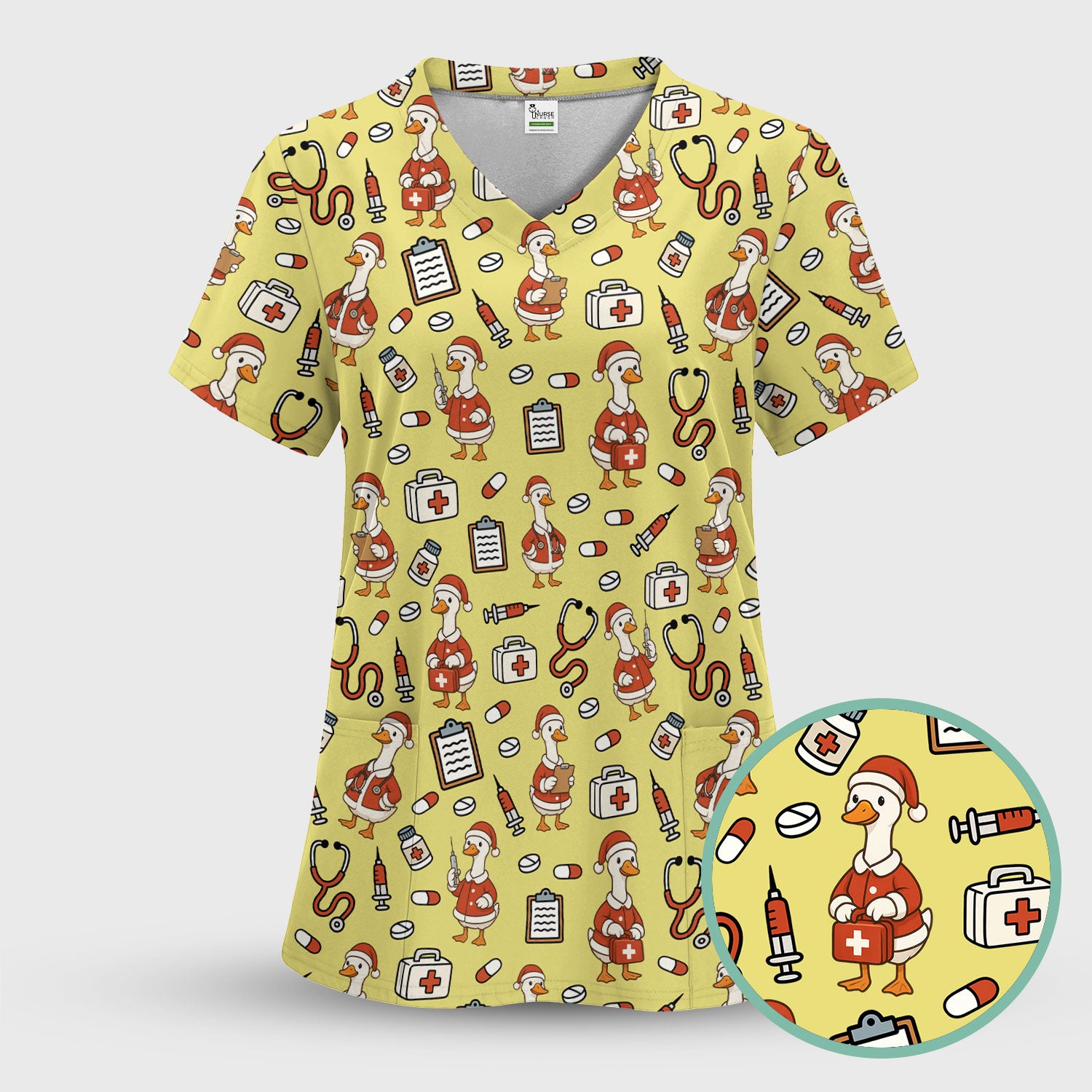 Santa Duck Nurse Scrubs - Christmas Print Medical Shirt for Women Men - Funny Holiday Scrub Top for RN CNA Doctor, Cute Xmas Gift