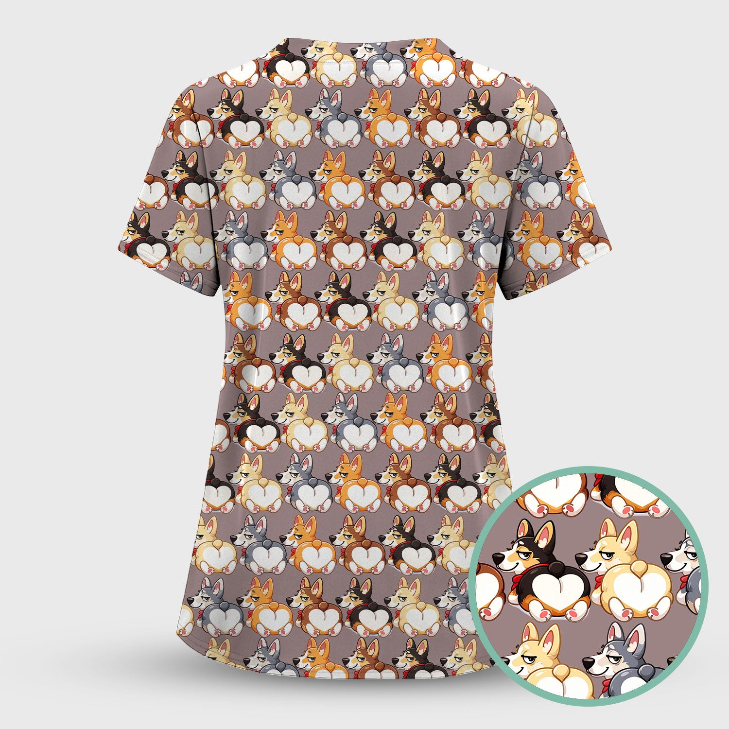 Funny Corgi Cartoon Pattern Scrub Top, Comfortable Scrubs for Nurses
