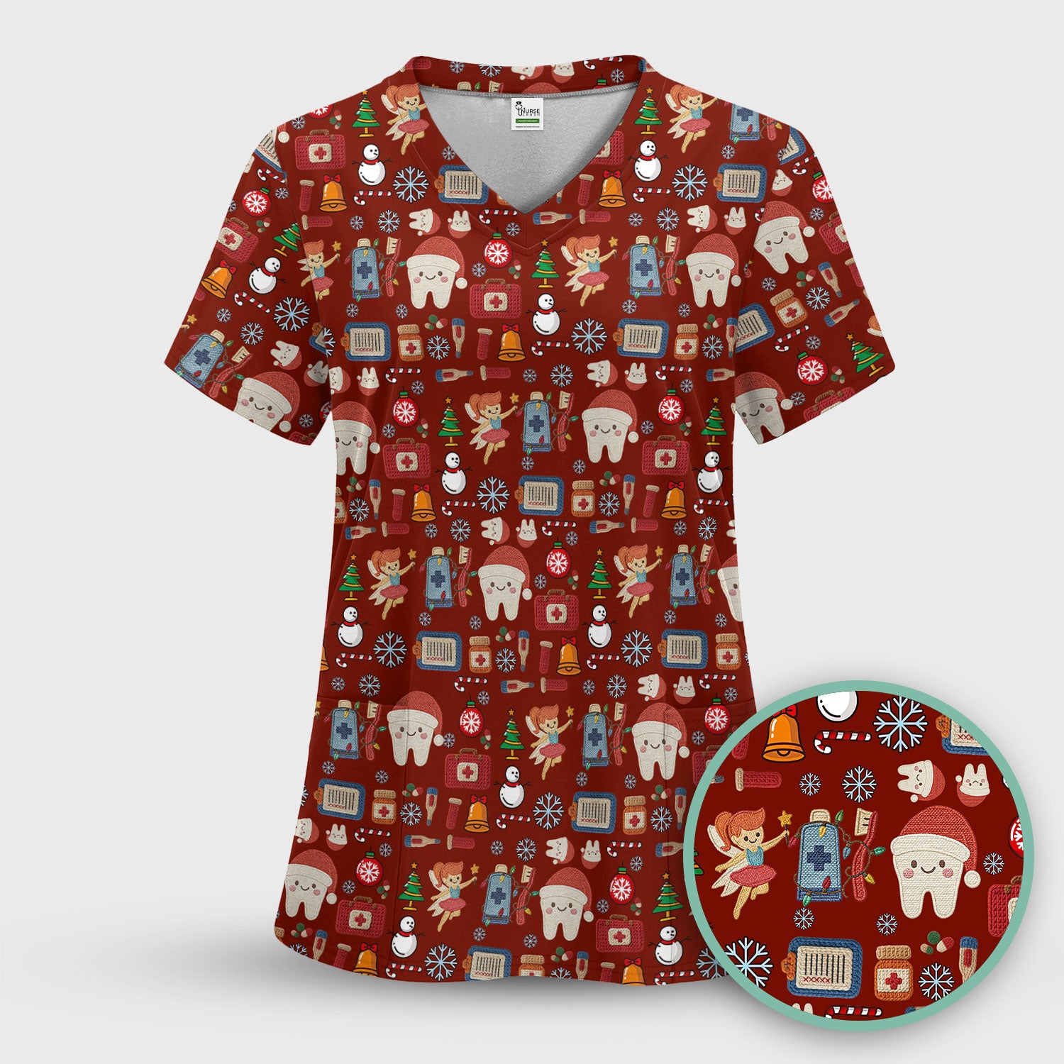 Christmas Dental Scrub Top - Cute Santa Tooth & Snowman Shirt - Festive Holiday Medical Uniform for Dentists, Hygienists & Nurses