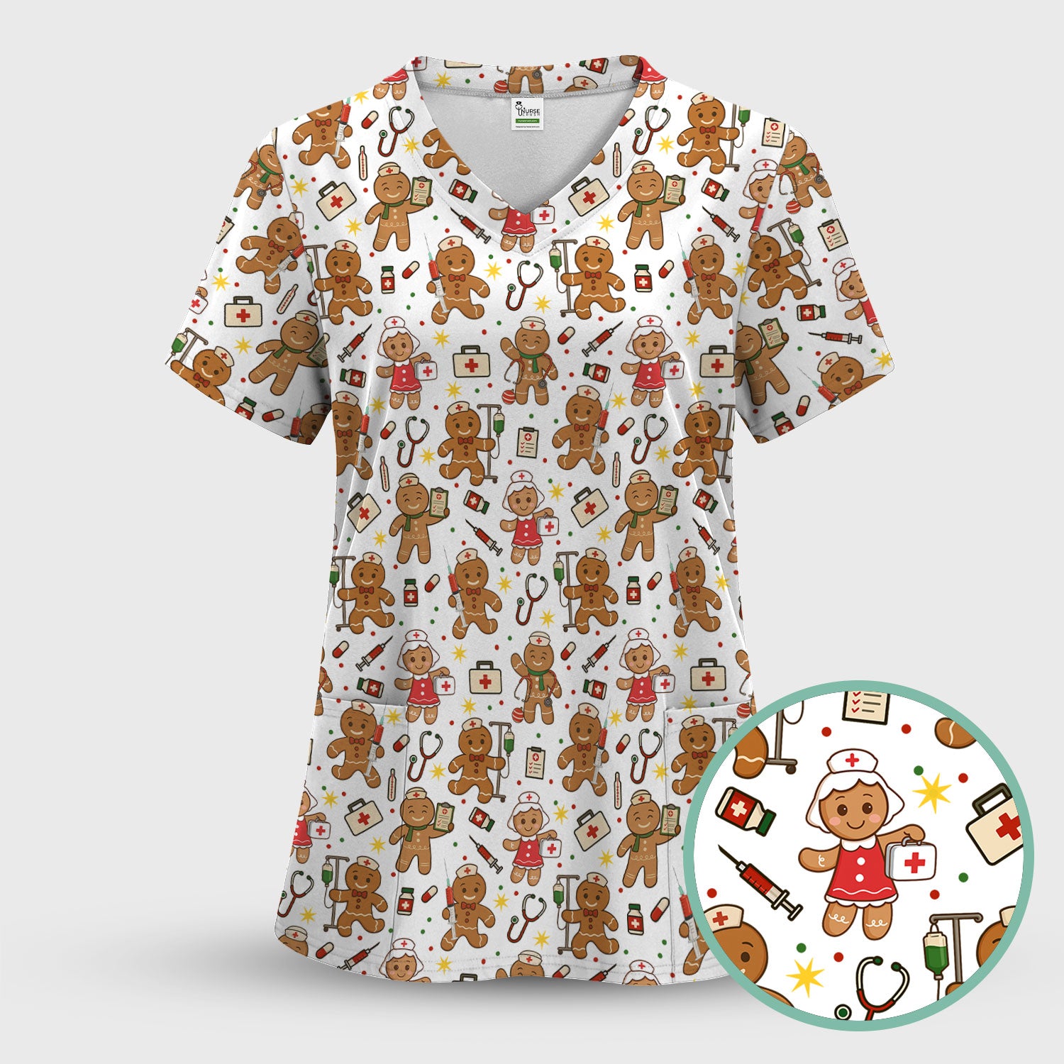 Gingerbread Christmas Nurse Scrub Top - Cute Holiday Cookie Pattern Shirt for Women - Funny Festive Nursing Gift for RN LPN CNA