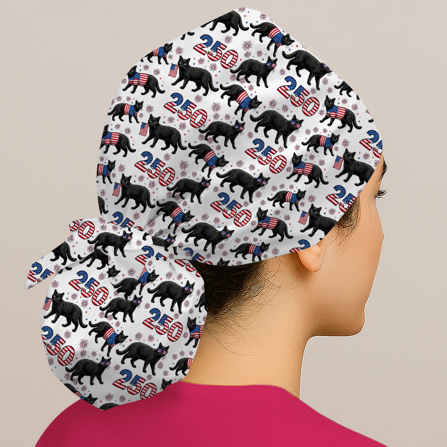 Black Cat 250 USA Flag Fireworks Pattern Caps, Bouffant Scrub Caps for Women