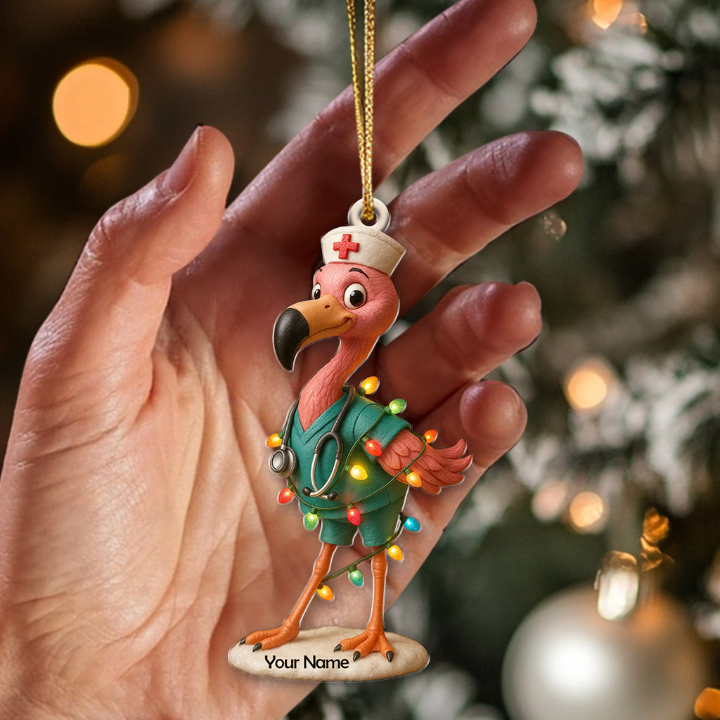 Personalized Nurse Flamingo Ornament, Custom Name Nurse Christmas Decor, Funny Healthcare Worker Holiday Gift, Nursing Xmas Tree Ornament