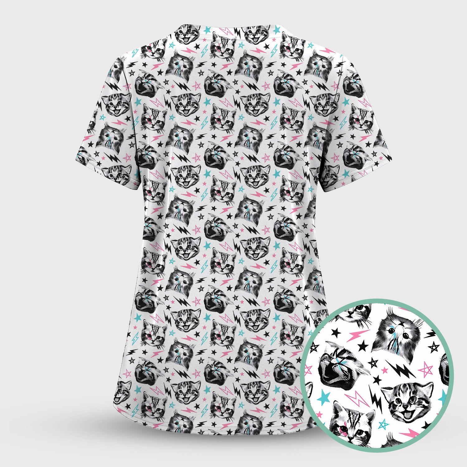 Playful Cat Faces Lightning Pattern Scrub Set, Scrub Pants and V Neck Top
