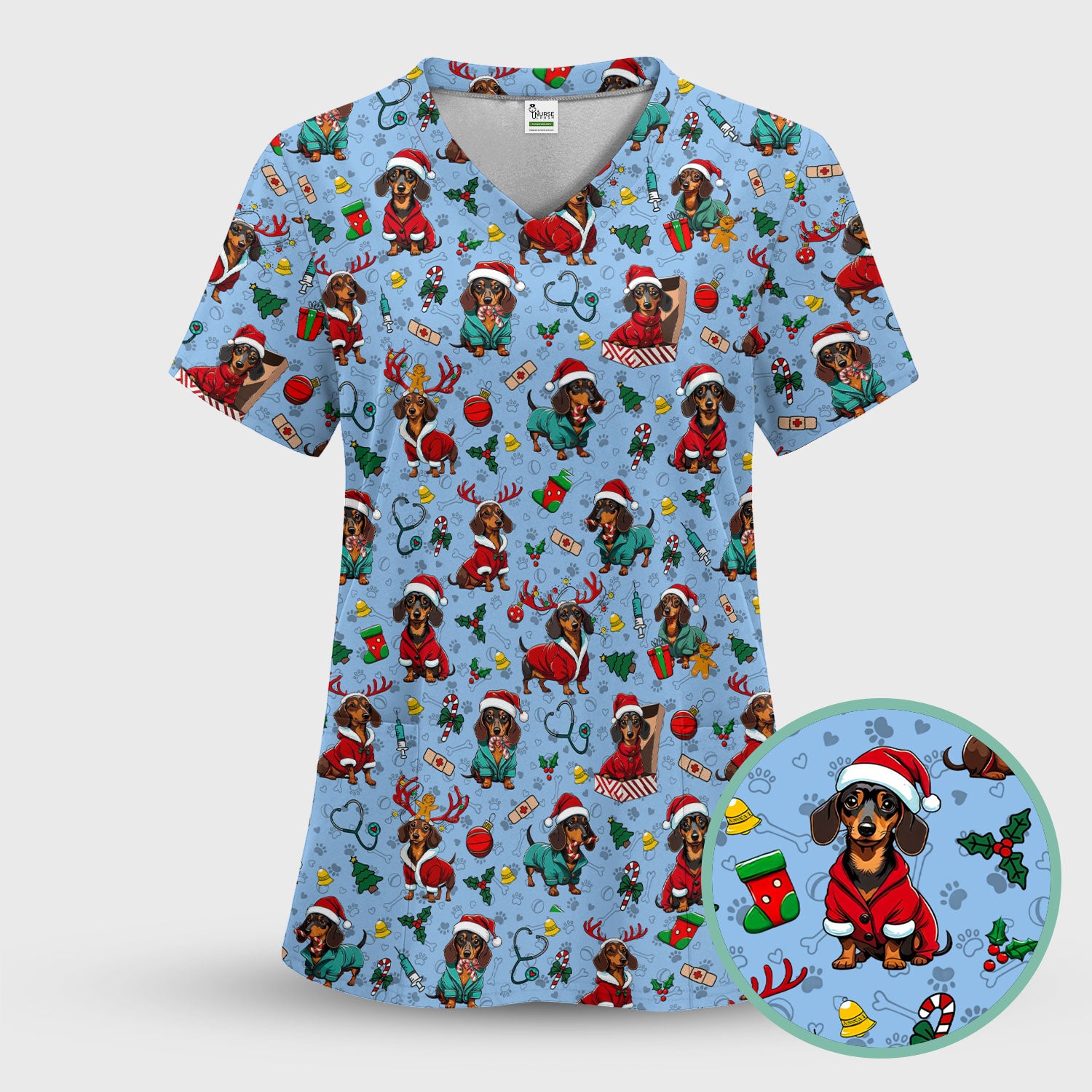 Christmas Dachshund Scrubs for Nurses - Cute Sausage Dog Holiday Scrub Top - Funny Reindeer & Santa Medical Shirt for Women