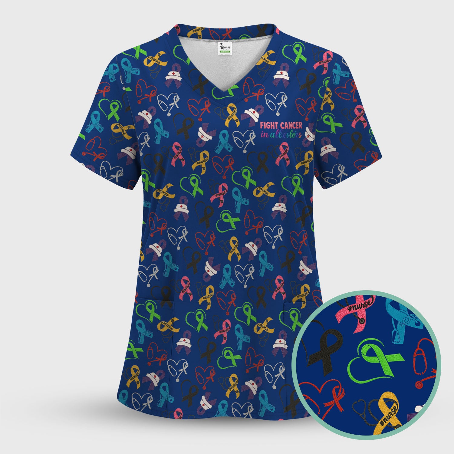Cancer Awareness Scrub Top - Fight Cancer In All Colors Nurse Shirt - Colorful Ribbon Medical Scrubs Gift with Pockets for Women CNA RN Doctor