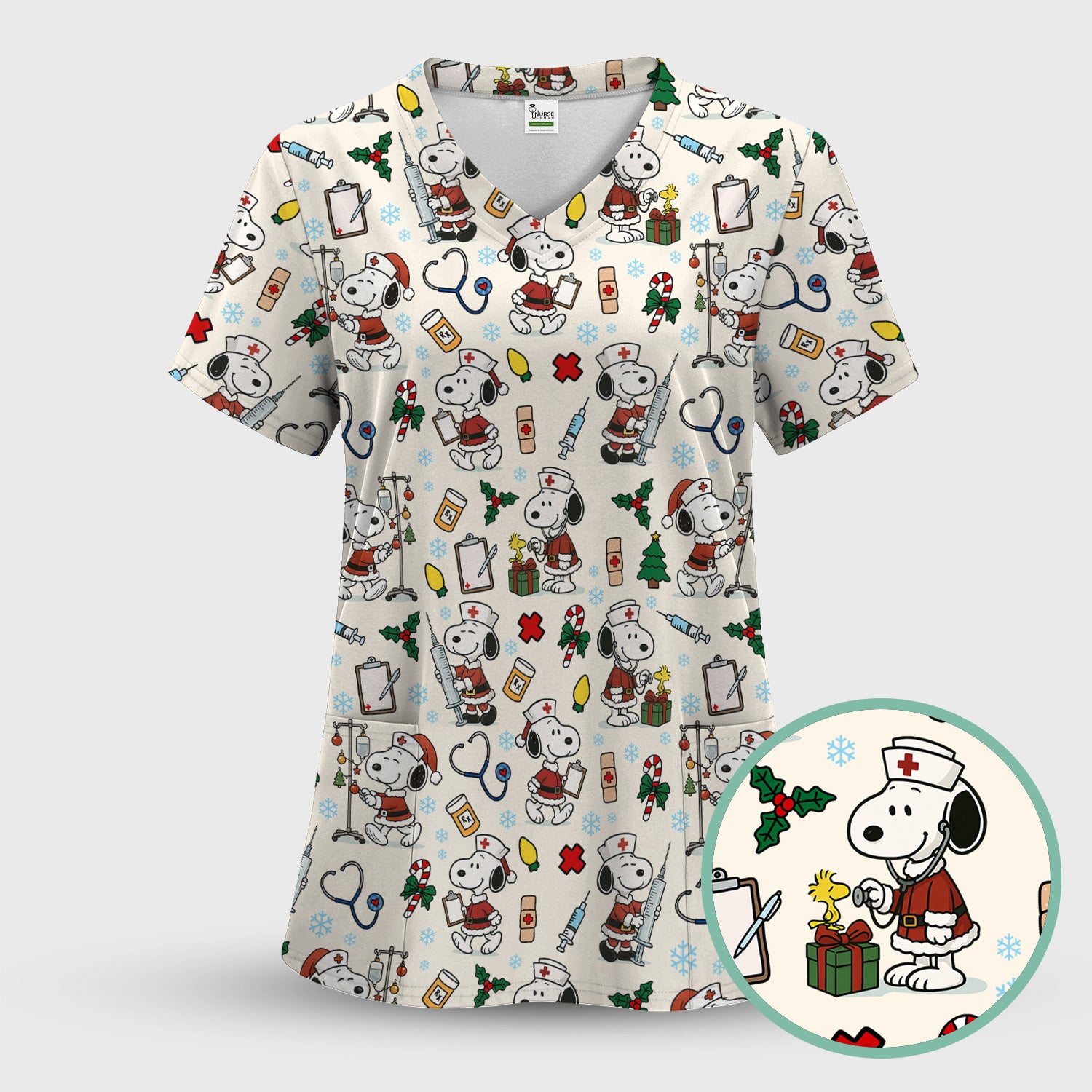 Snoopy Christmas Nurse Scrub Shirt - Cute Holiday Scrub Top Multi Colors - Funny Nursing Work Shirt with Pockets