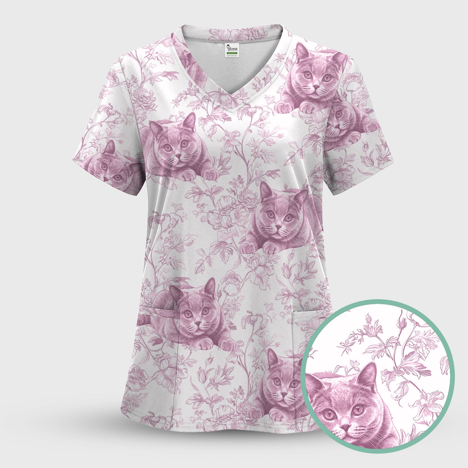 Custom Dog Cat Style Chinoiserie Pattern Scrubs Sets, Scrub Pants and V Neck Top