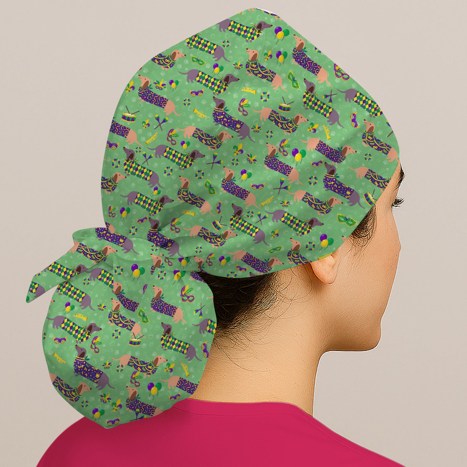 Mardi Gras Dachshund Nurse Scrub Cap, Wiener Dog Holiday Pattern Nurses Hat, Comfortable Uniform Scrubs For Nursing